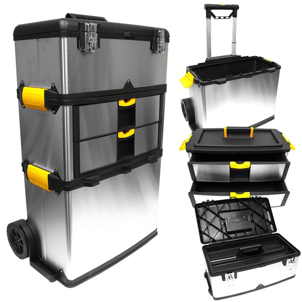 Caja de herramientas metálica de 3 partes con ruedas Fleming Supply, color plata 22.25 pulgadas W x 33 pulgadas H x 15 pulgadas D 2 cajones - Caja de herramientas rodante de acero plateado 277952YNR