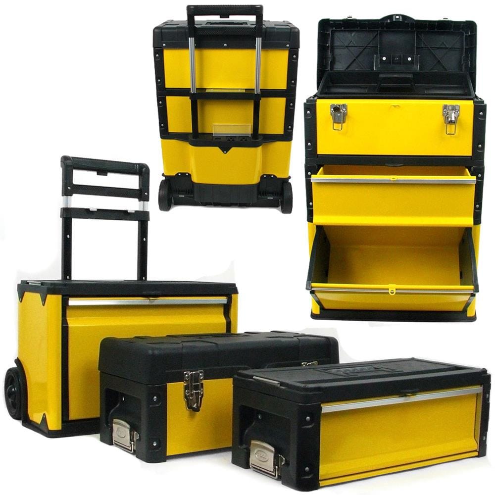 Caja de herramientas amarilla de plástico con ruedas de 3 cajones de 20.5 pulgadas de ancho x 28 pulgadas de alto x 12 pulgadas de profundidad Fleming Supply 943096ZRV