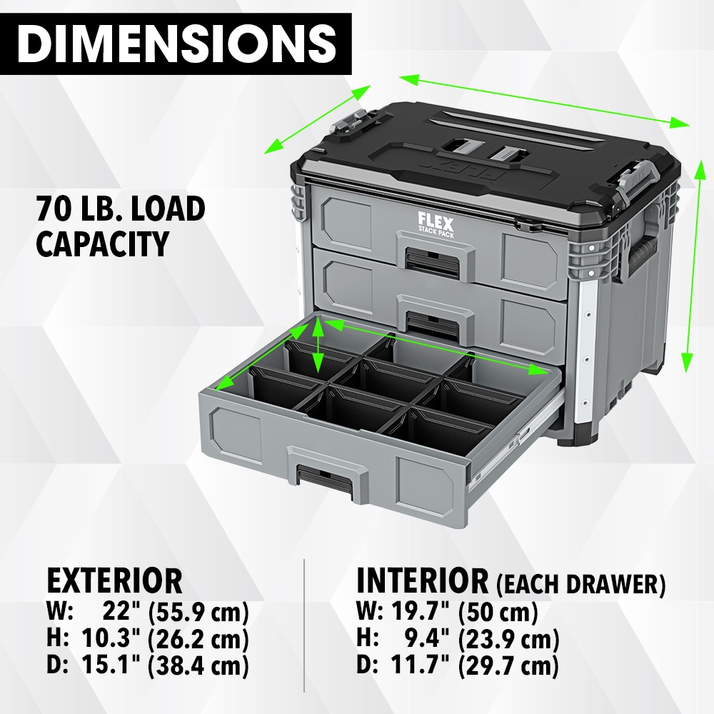 Caja de herramientas de polipropileno de 3 cajones Flex Stack Pack de 22 pulgadas de ancho x 10.3 pulgadas de alto x 15.1 pulgadas de profundidad FS1105