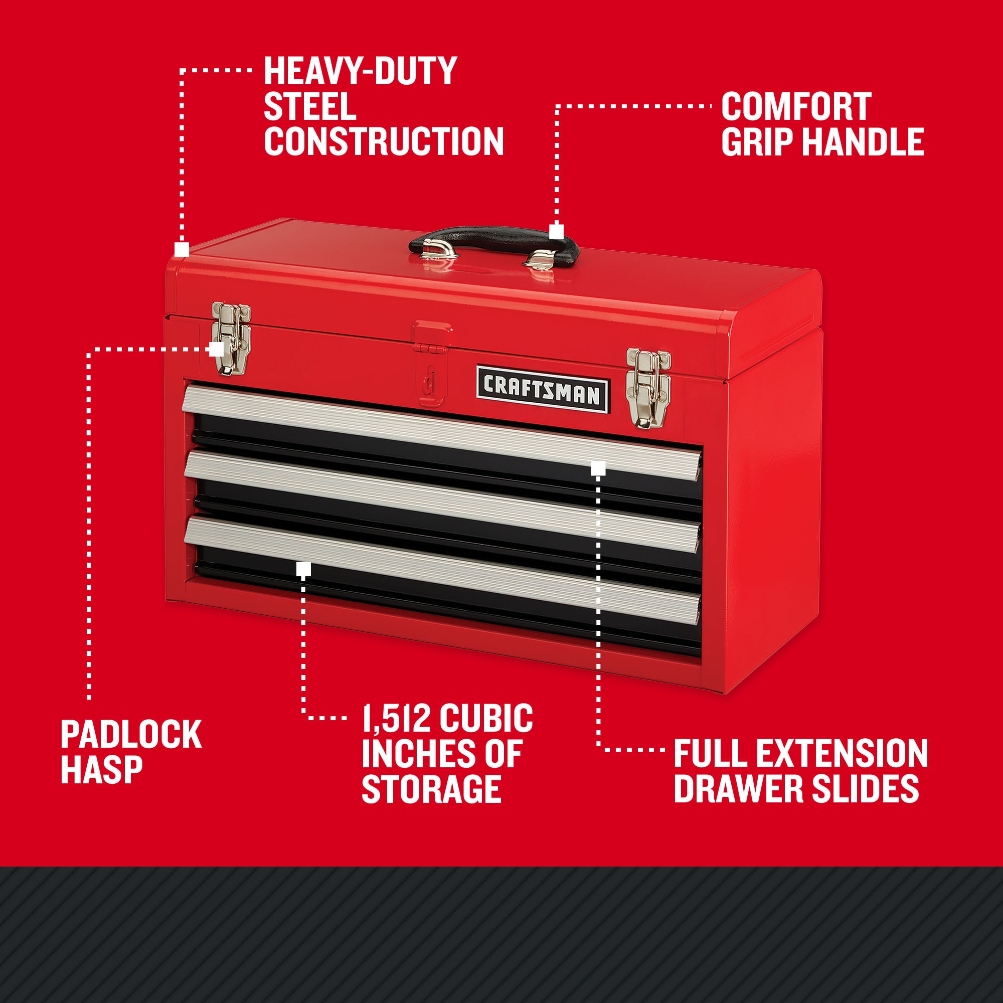 Caja de herramientas de acero rojo portátil CRAFTSMAN de 20.5 pulgadas de ancho x 12 pulgadas de alto x 8.5 pulgadas de profundidad con 3 cajones CMST98245RB