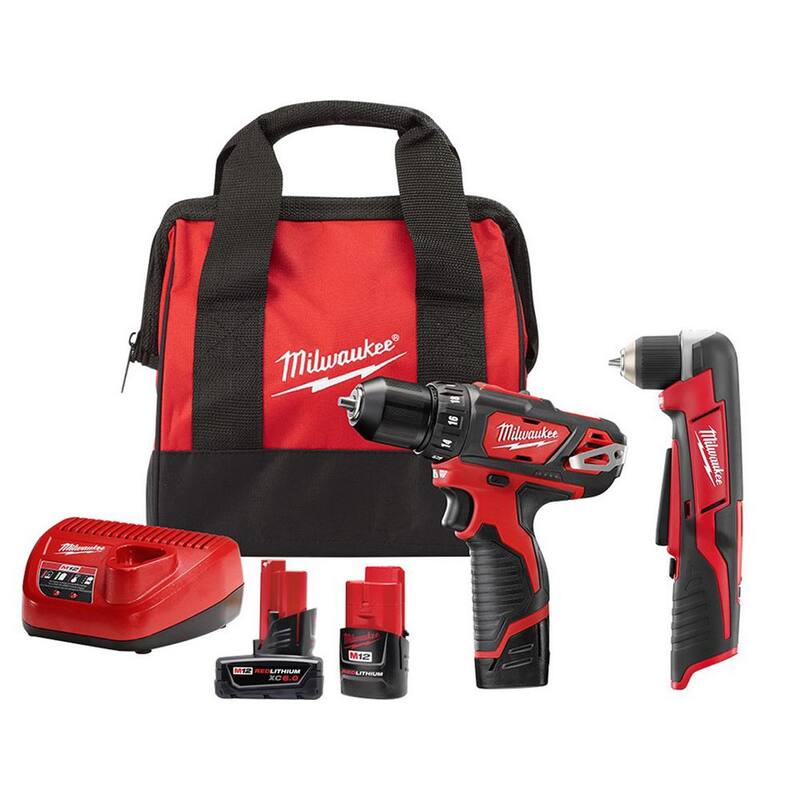 Juego de Taladro/Atornillador inalámbrico de 3/8 de pulgada de 12V de iones de litio Milwaukee M12 con Taladro de ángulo recto de 3/8 de pulgada M12 y paquete de batería de 6.0 Ah - 2407-22-2415-20-48-11-2460