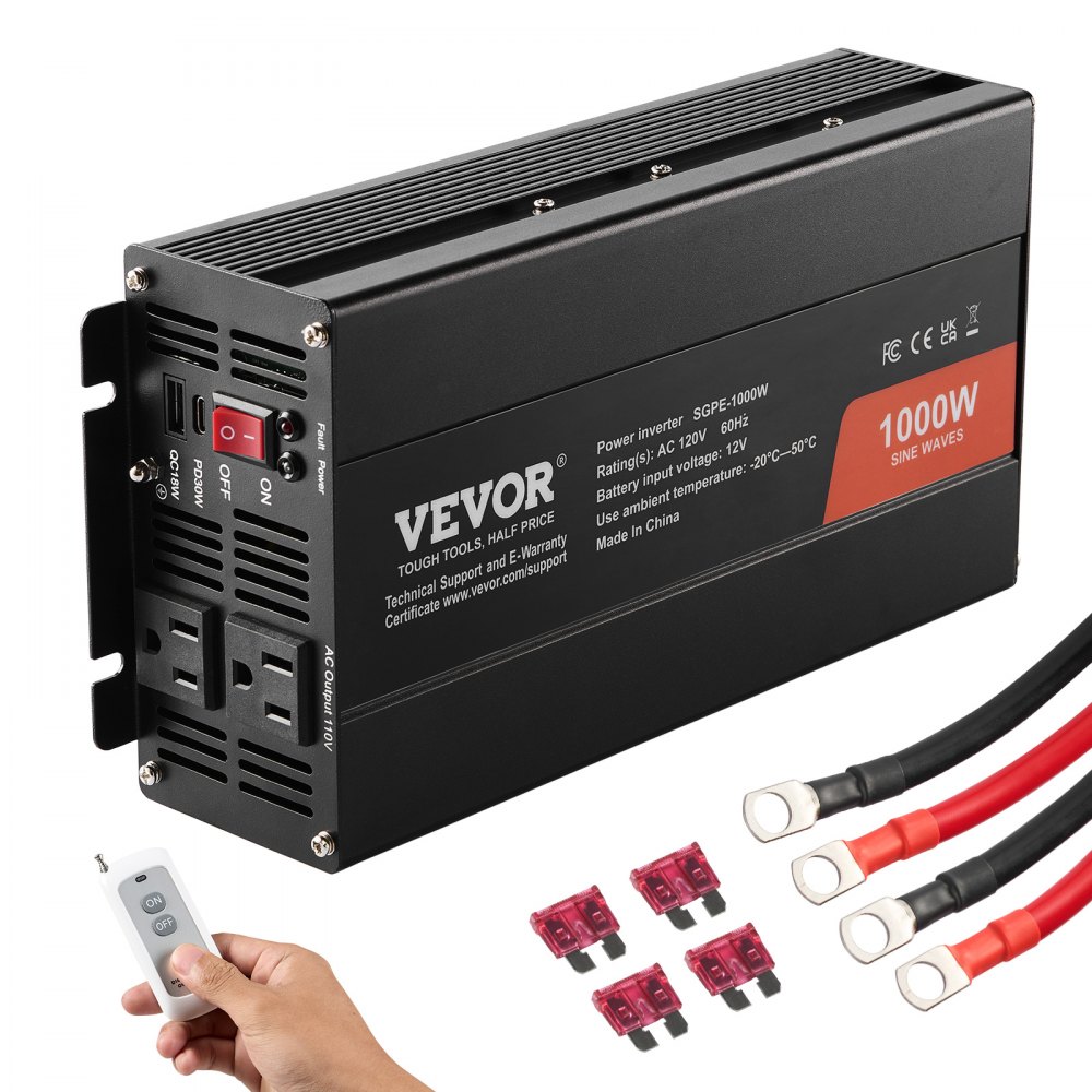 VEVOR Pure Sine Wave Inverter, 1000 Watt, DC 12V to AC 120V Power Inverter with 2 AC Outlets 2 USB Port 1 Type-C Port, Remote Control for Small Home Devices like Smartphone Laptop, CE FCC Certified - CZXNBQ1000WCYX1HDV1