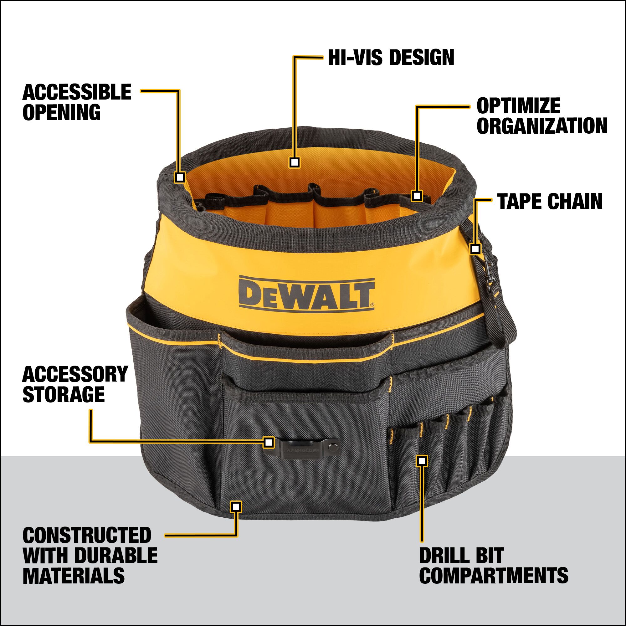 Organizador de cubeta de 5 galones DEWALT en nylon balístico negro-amarillo de 2 pulgadas de ancho x 19.625 pulgadas de profundidad x 19.75 pulgadas de largo DWST560109