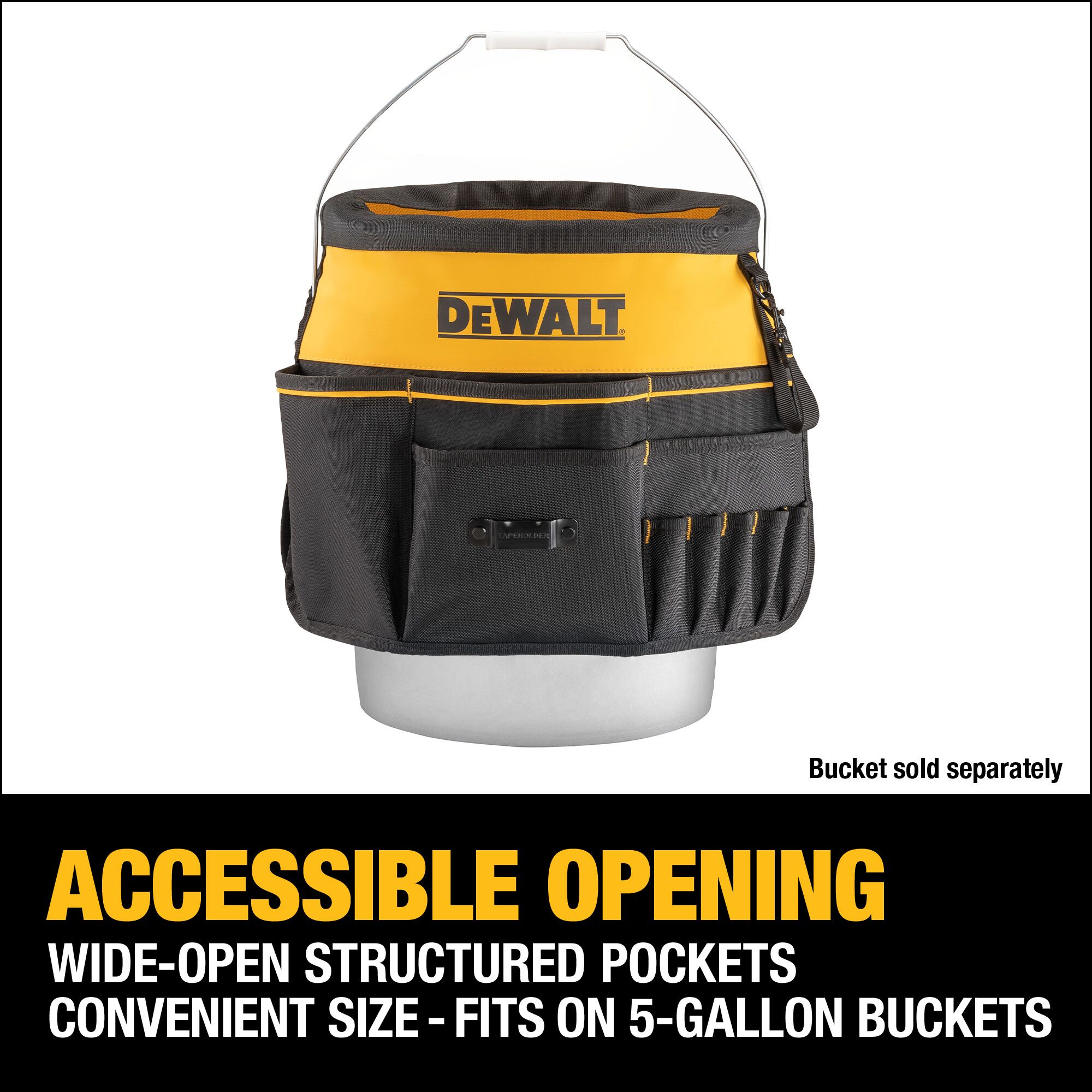 Organizador de cubeta de 5 galones DEWALT en nylon balístico negro-amarillo de 2 pulgadas de ancho x 19.625 pulgadas de profundidad x 19.75 pulgadas de largo DWST560109