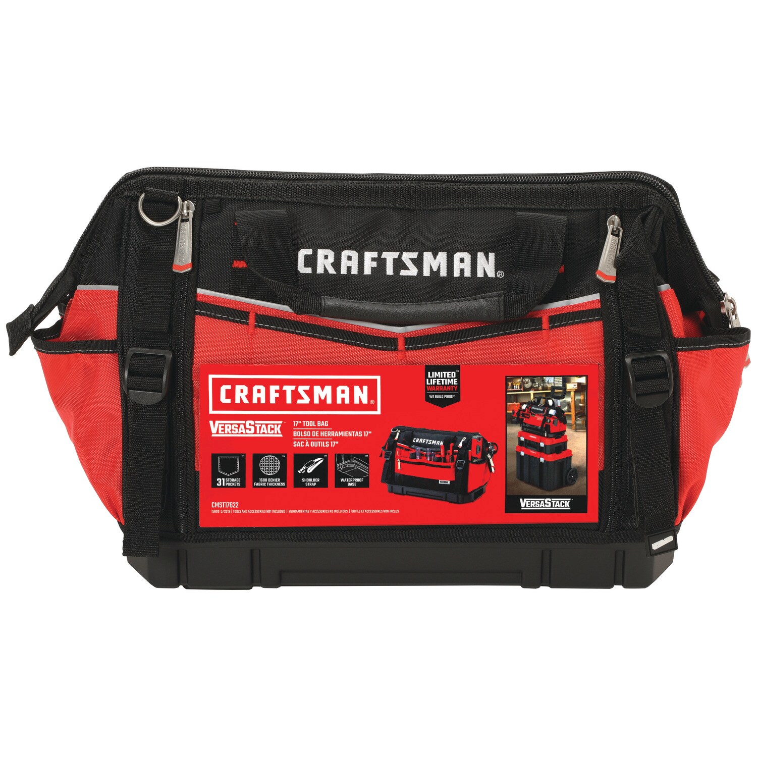 Bolsa para herramientas con cremallera CRAFTSMAN VERSASTACK roja/negra de poliéster 17 pulgadas de ancho x 8.5 pulgadas de profundidad x 13 pulgadas de largo CMST17622