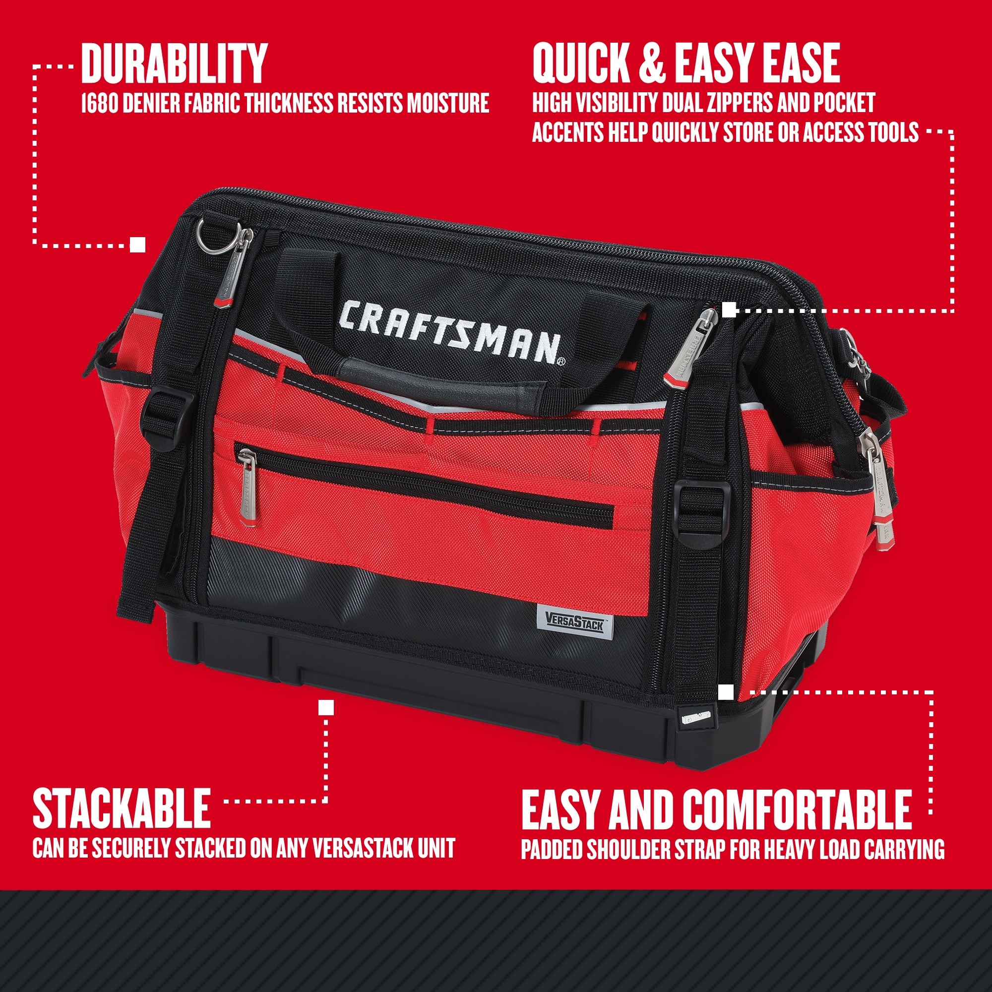Bolsa para herramientas con cremallera CRAFTSMAN VERSASTACK roja/negra de poliéster 17 pulgadas de ancho x 8.5 pulgadas de profundidad x 13 pulgadas de largo CMST17622
