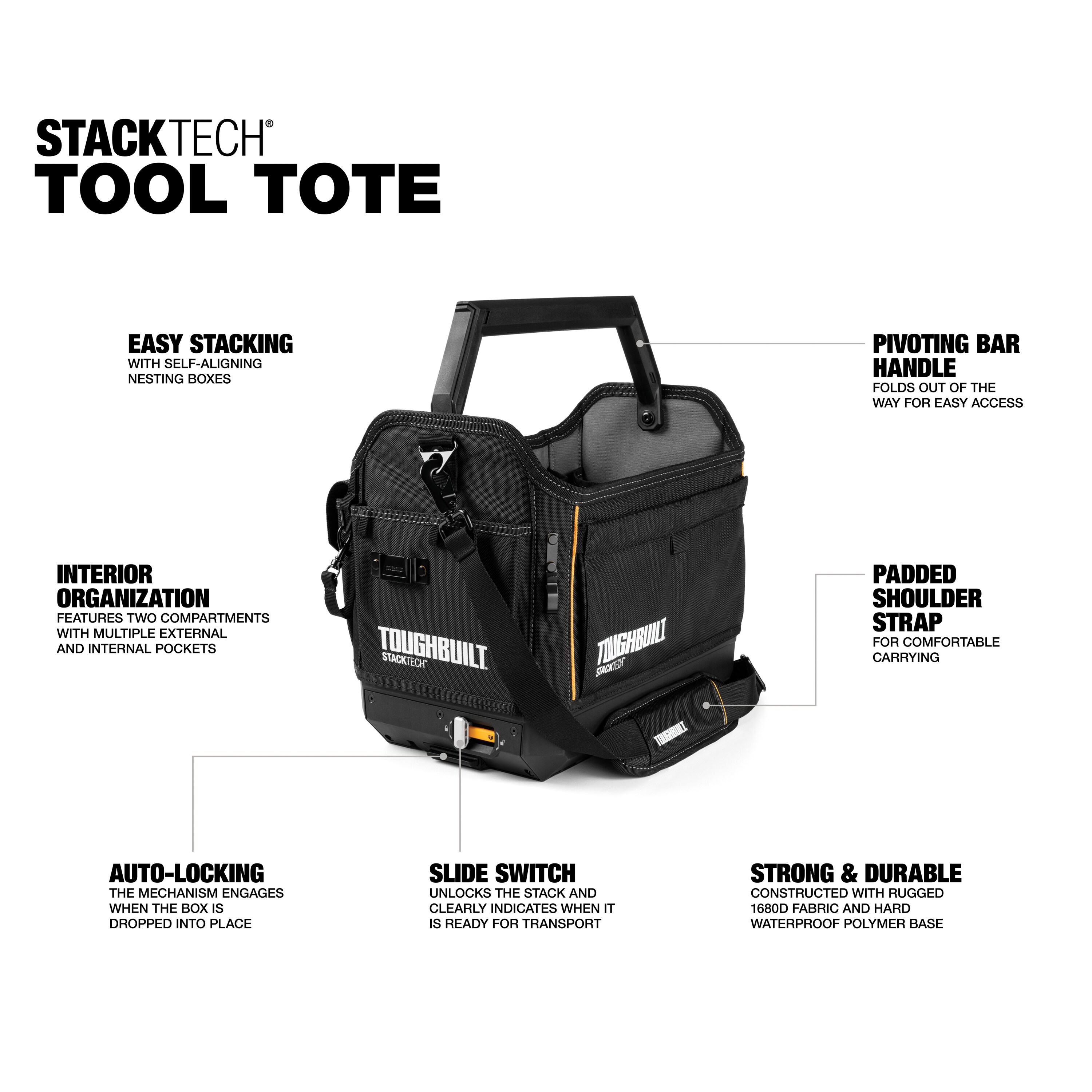 Tote para herramientas TOUGHBUILT STACKTECH de poliéster negro de 18 pulgadas de ancho x 12 pulgadas de profundidad x 14.8 pulgadas de largo TB-B1-S-80C