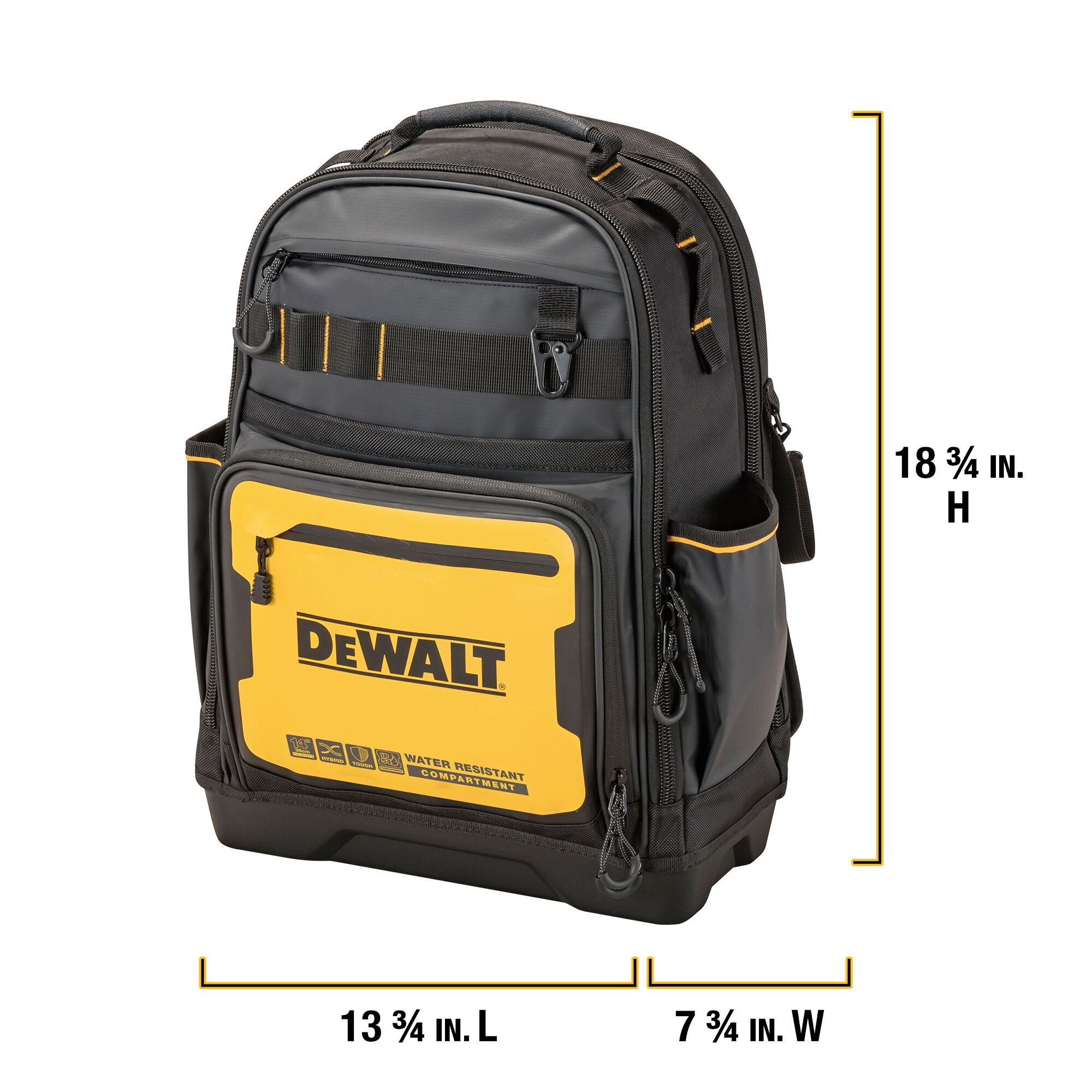 Mochila con cierre DEWALT de poliéster negro y amarillo de 7.75 pulgadas de ancho x 18.75 pulgadas de profundidad x 13.75 pulgadas de largo DWST560102
