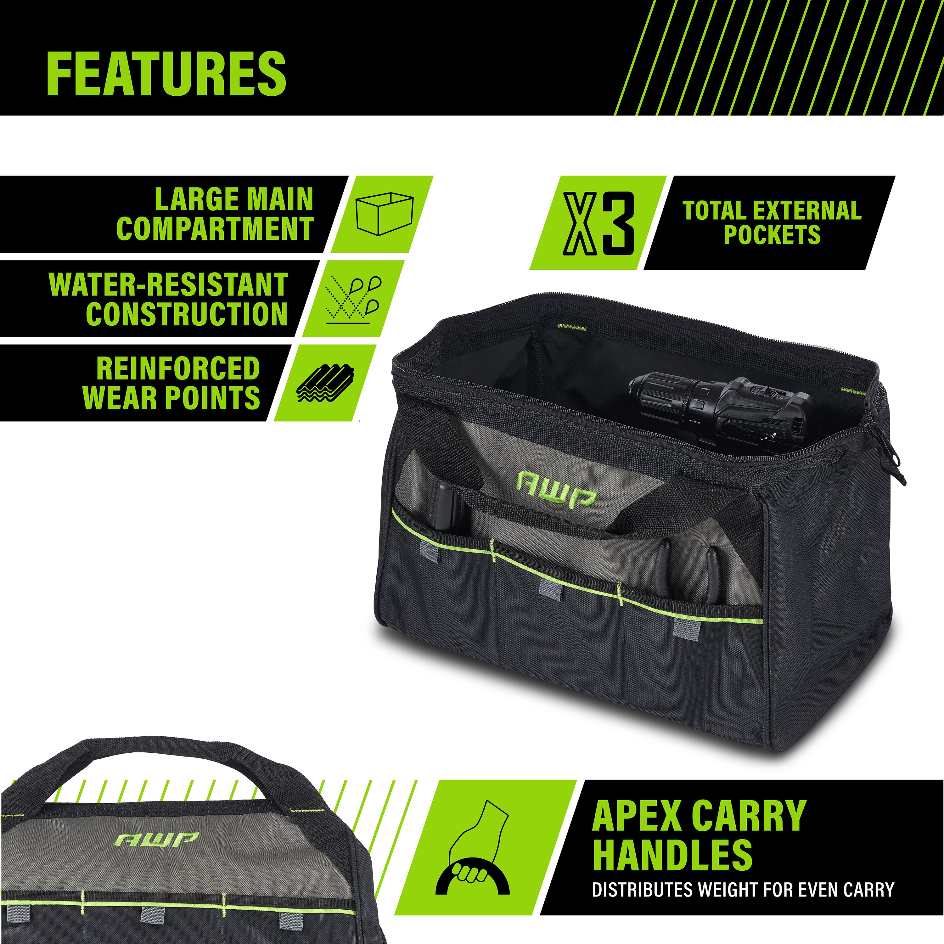 Bolso para herramientas con cremallera de poliéster negro AWP de 13 pulgadas de ancho x 7.5 pulgadas de profundidad x 8 pulgadas de largo