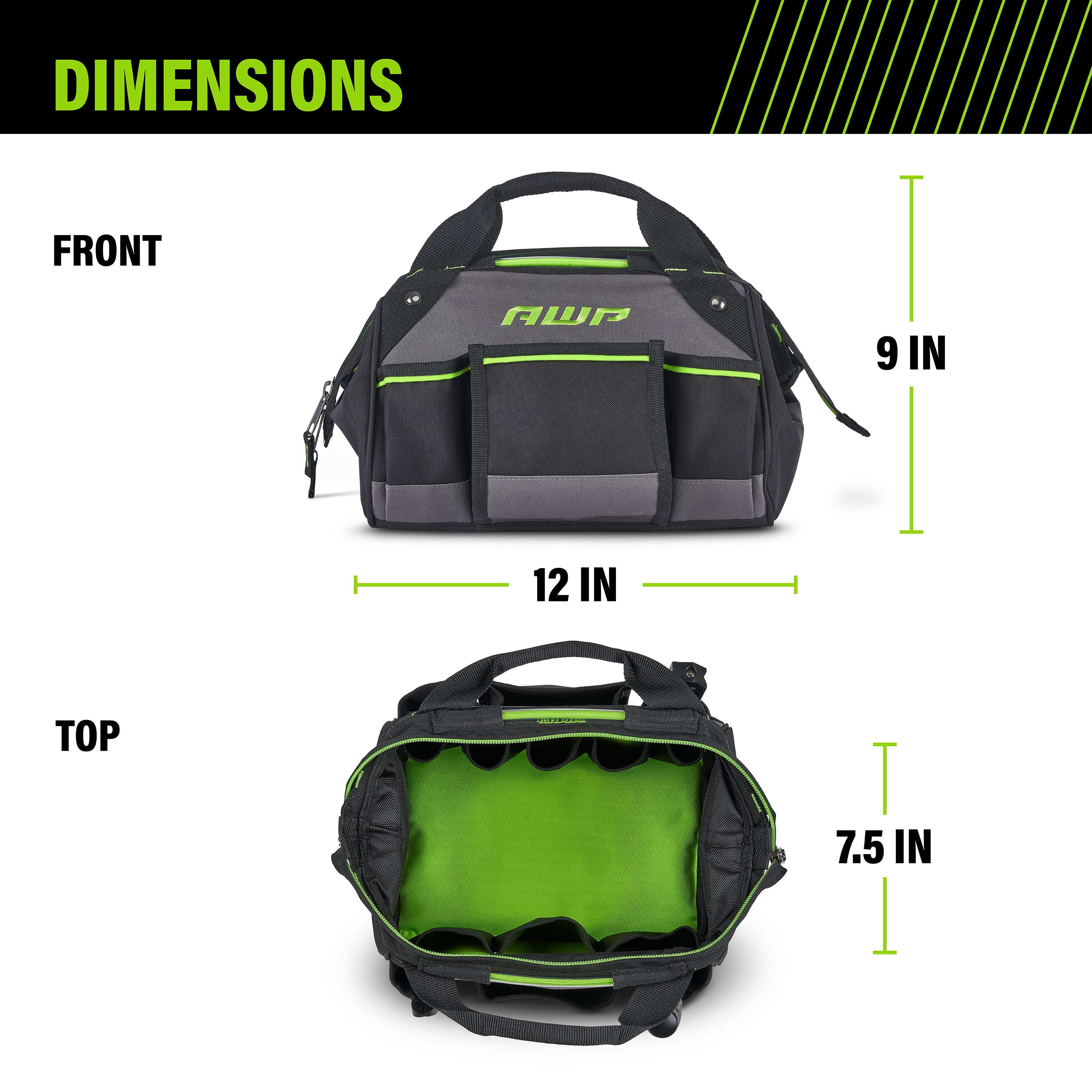 Bolsa de herramientas con cierre de poliéster negro AWP de 12 pulgadas de ancho x 8.5 pulgadas de profundidad x 9 pulgadas de largo 1L-2212-TJ