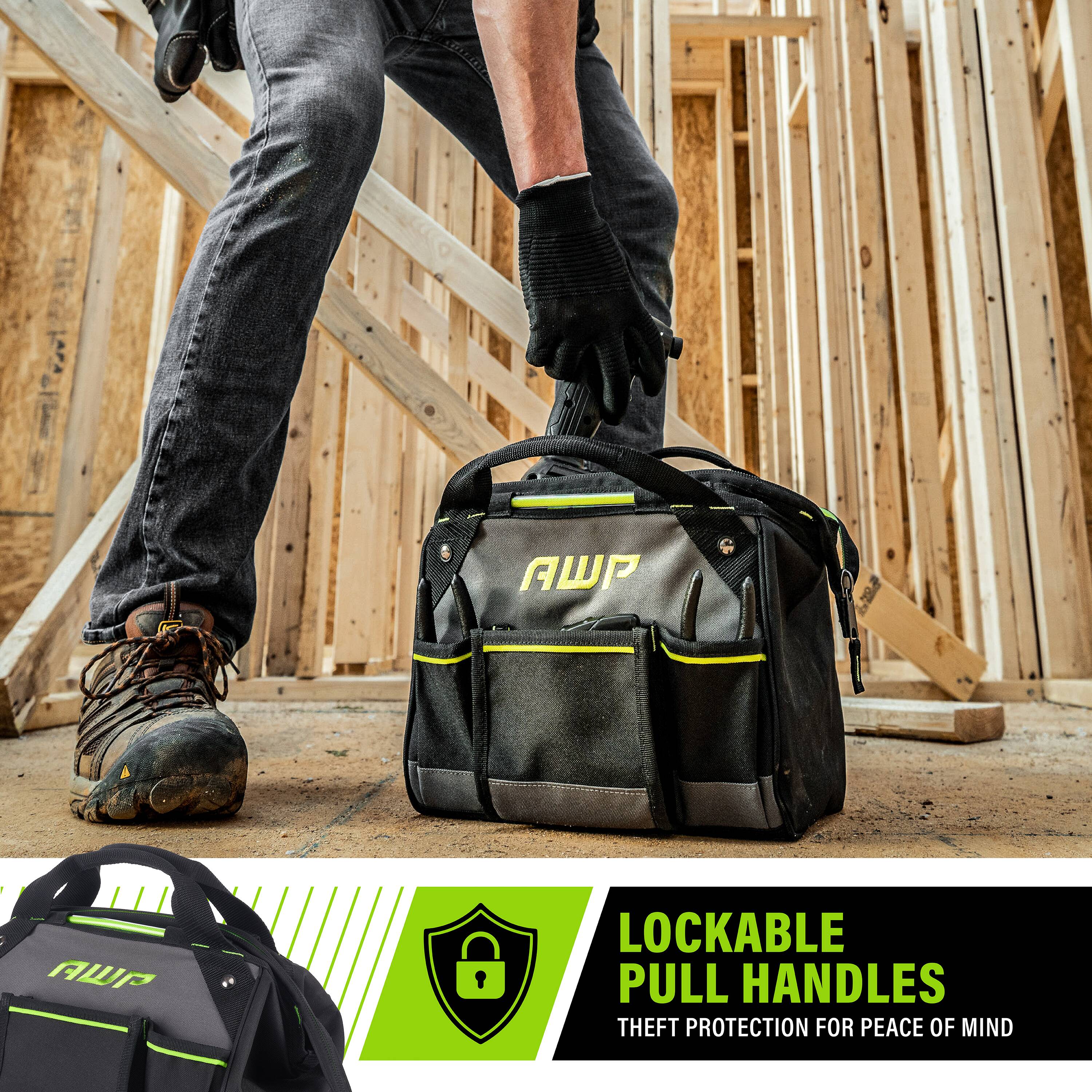 Bolsa de herramientas con cierre de poliéster negro AWP de 12 pulgadas de ancho x 8.5 pulgadas de profundidad x 9 pulgadas de largo 1L-2212-TJ