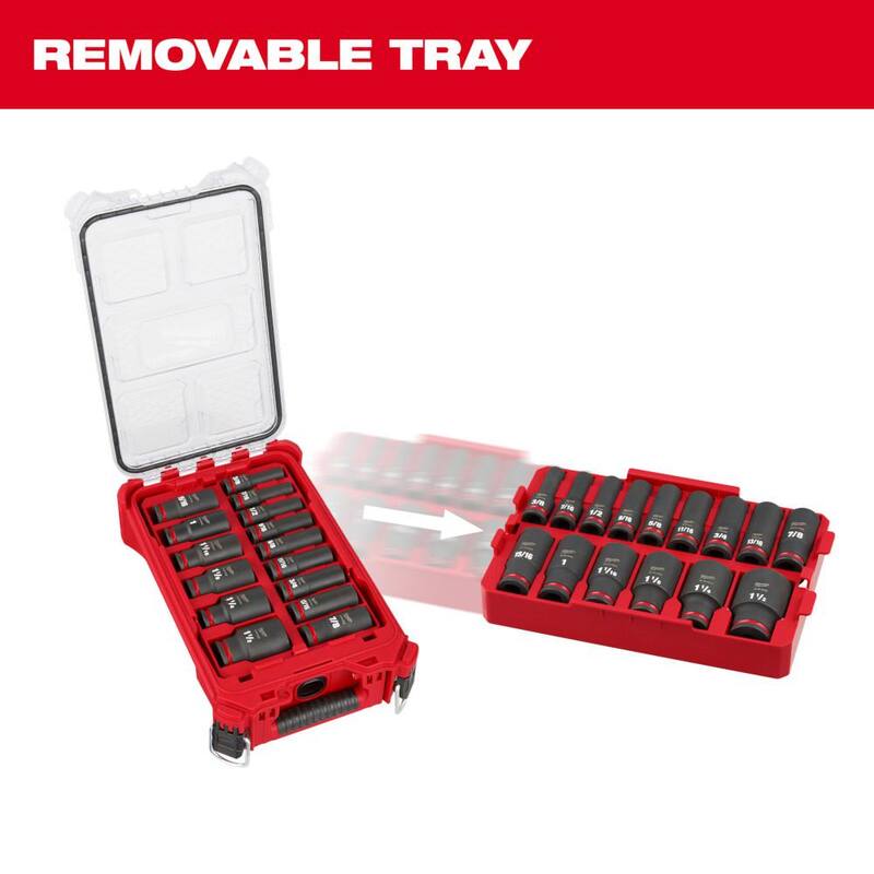 Juego de herramientas de trinquete y llave de vaso SAE/métrico de 1/2 pulgadas Milwaukee y Juego de llaves de impacto para socket profundo SAE de 1/2 pulgadas PACKOUT (62 piezas) - 48-22-9010-49-66-6802
