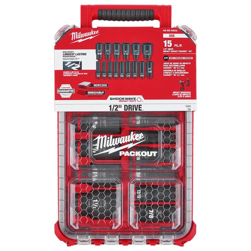 Juego de herramientas de trinquete y llave de vaso SAE/métrico de 1/2 pulgadas Milwaukee y Juego de llaves de impacto para socket profundo SAE de 1/2 pulgadas PACKOUT (62 piezas) - 48-22-9010-49-66-6802