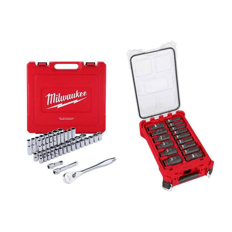 Juego de herramientas de trinquete y llave de vaso SAE/métrico de 1/2 pulgadas Milwaukee y Juego de llaves de impacto para socket profundo SAE de 1/2 pulgadas PACKOUT (62 piezas) - 48-22-9010-49-66-6802
