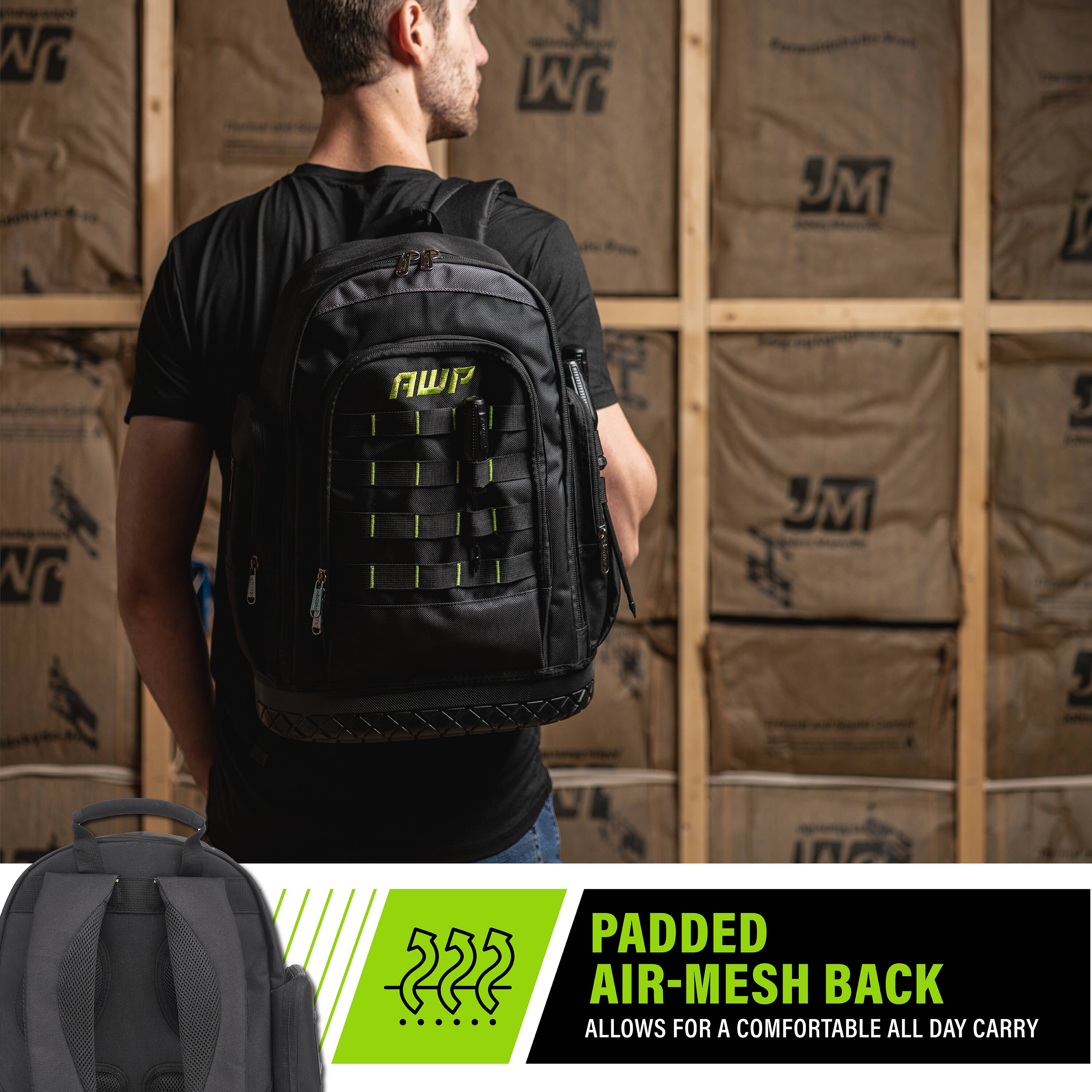 Mochila negra de poliéster AWP de 15 pulgadas de ancho x 8 pulgadas de profundidad x 17.5 pulgadas de largo con cierre de cremallera 1L-22419-2