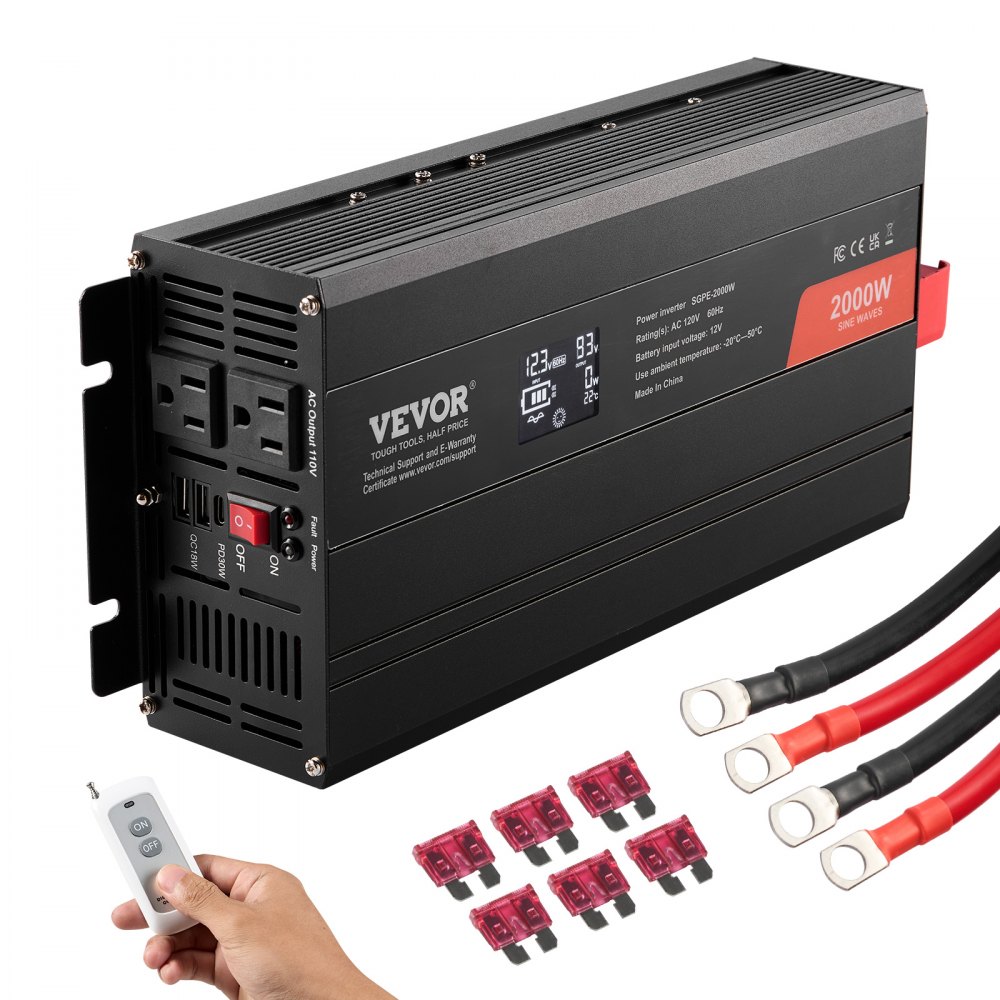 VEVOR Pure Sine Wave Inverter, 2000 Watt, DC 12V to AC 120V Power Inverter with 2 AC Outlets 2 USB Port 1 Type-C Port, LCD Display and Remote Controller for Medium-Sized Household Equipment, CE FCC - CZXNBQ2000WCCZFLRV1