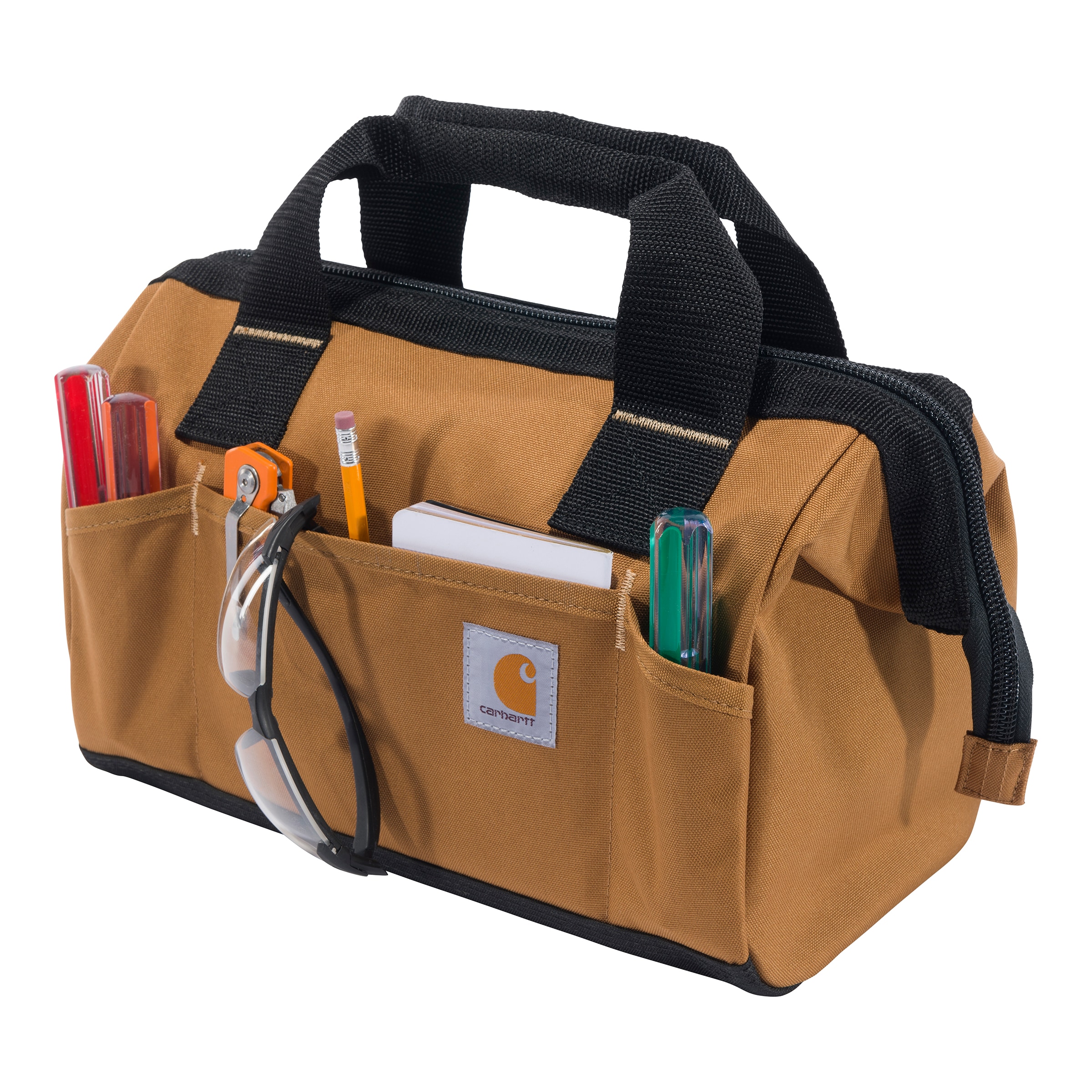 Bolso para herramientas Carhartt de 13 pulgadas con 15 bolsillos, de peso medio, color café de poliéster, 13 pulgadas de ancho x 7 pulgadas de profundidad x 16.4 pulgadas de largo con cierre B000052221199