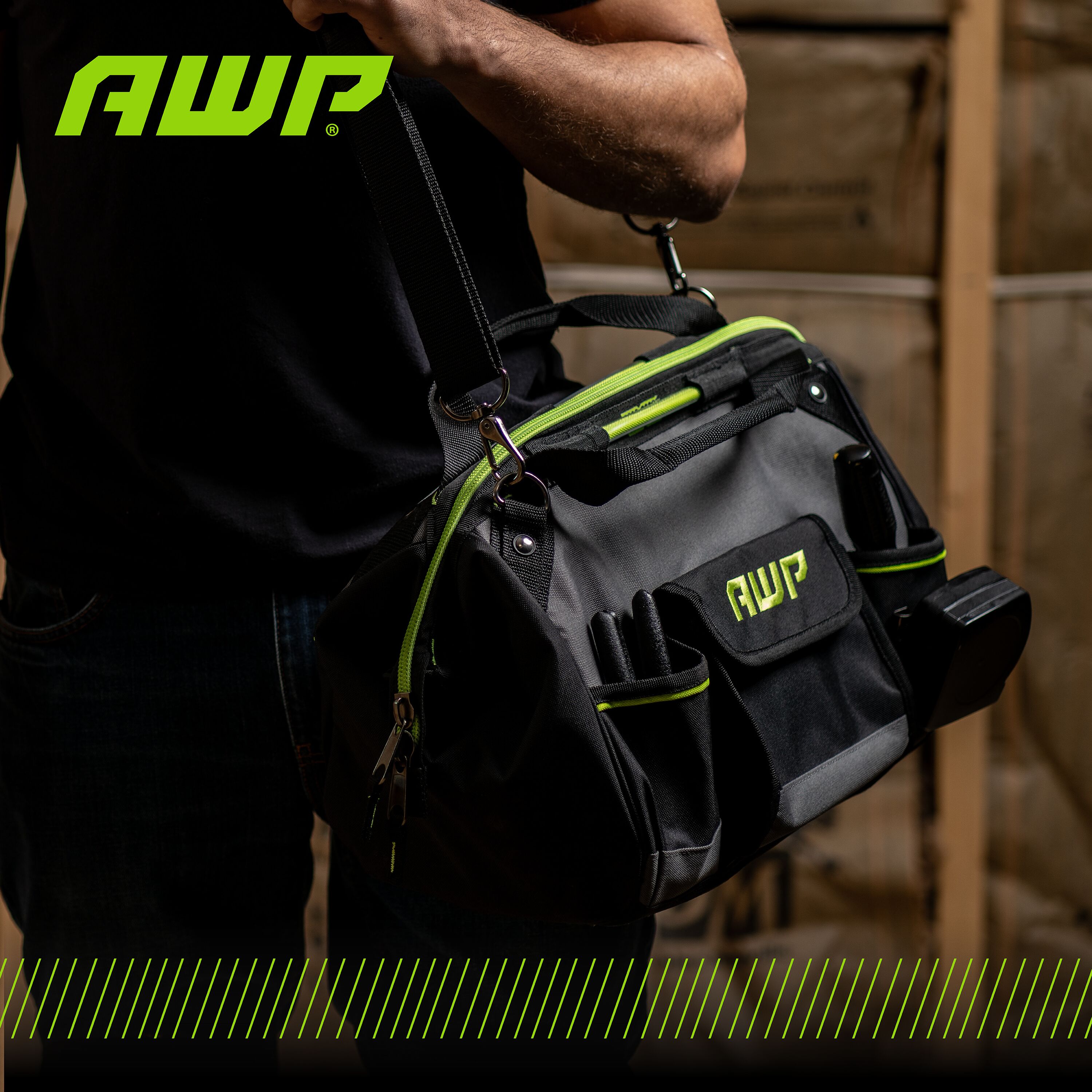 Bolsa de herramientas con cierre de poliéster negro AWP de 16 pulgadas de ancho x 12 pulgadas de profundidad x 9 pulgadas de largo 1L-2216-TJ