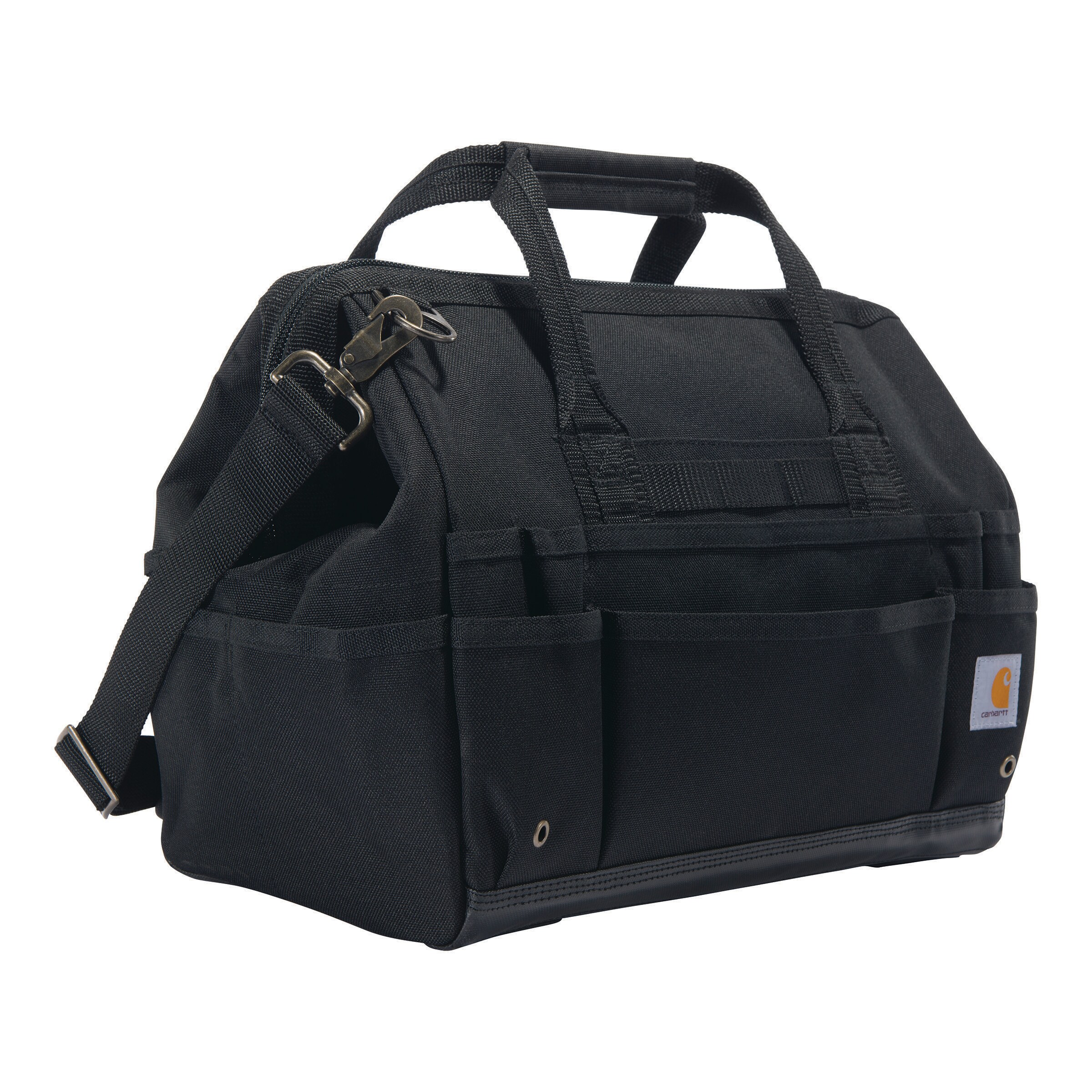 Bolso de herramientas resistente Carhartt de 16 pulgadas con 30 bolsillos, poliéster negro, 13 pulgadas de ancho x 11 pulgadas de profundidad x 16.4 pulgadas de largo. Bolsa de herramientas con cierre.