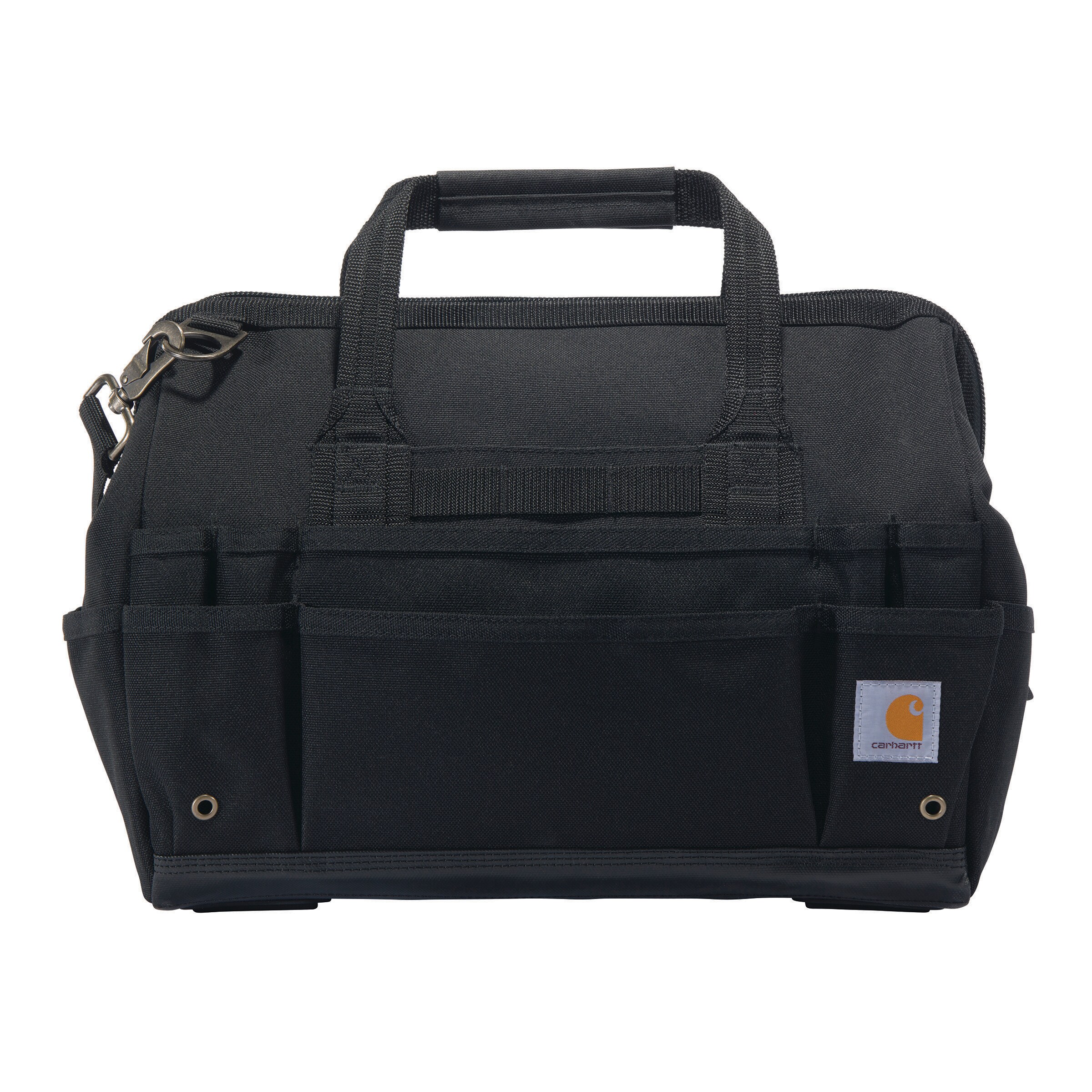 Bolso de herramientas resistente Carhartt de 16 pulgadas con 30 bolsillos, poliéster negro, 13 pulgadas de ancho x 11 pulgadas de profundidad x 16.4 pulgadas de largo. Bolsa de herramientas con cierre.