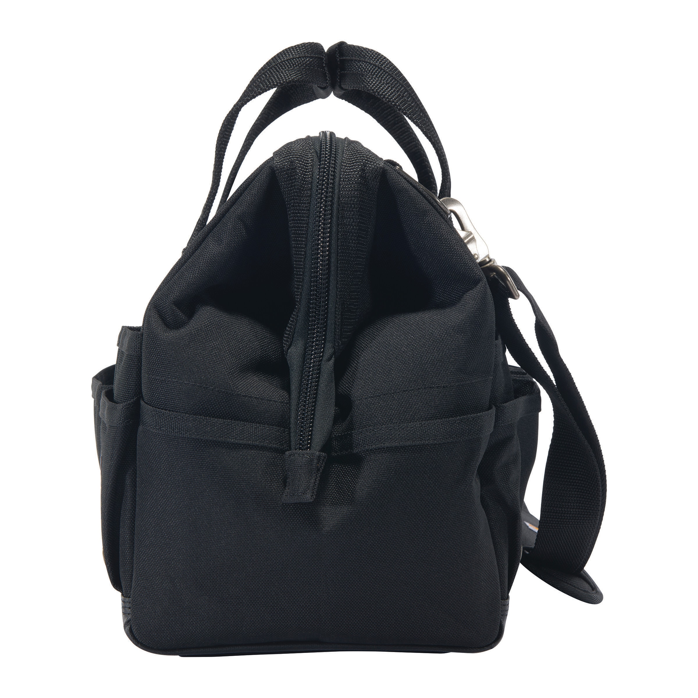 Bolso de herramientas resistente Carhartt de 16 pulgadas con 30 bolsillos, poliéster negro, 13 pulgadas de ancho x 11 pulgadas de profundidad x 16.4 pulgadas de largo. Bolsa de herramientas con cierre.