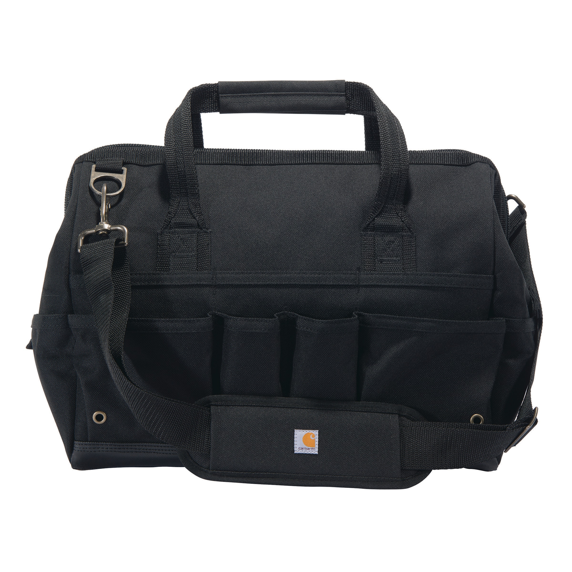 Bolso de herramientas resistente Carhartt de 16 pulgadas con 30 bolsillos, poliéster negro, 13 pulgadas de ancho x 11 pulgadas de profundidad x 16.4 pulgadas de largo. Bolsa de herramientas con cierre.