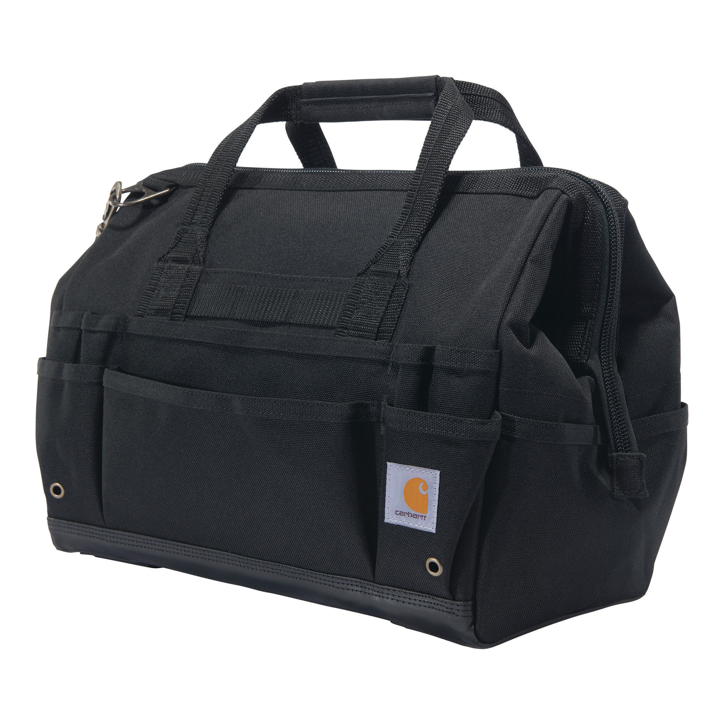 Bolso de herramientas resistente Carhartt de 16 pulgadas con 30 bolsillos, poliéster negro, 13 pulgadas de ancho x 11 pulgadas de profundidad x 16.4 pulgadas de largo. Bolsa de herramientas con cierre.