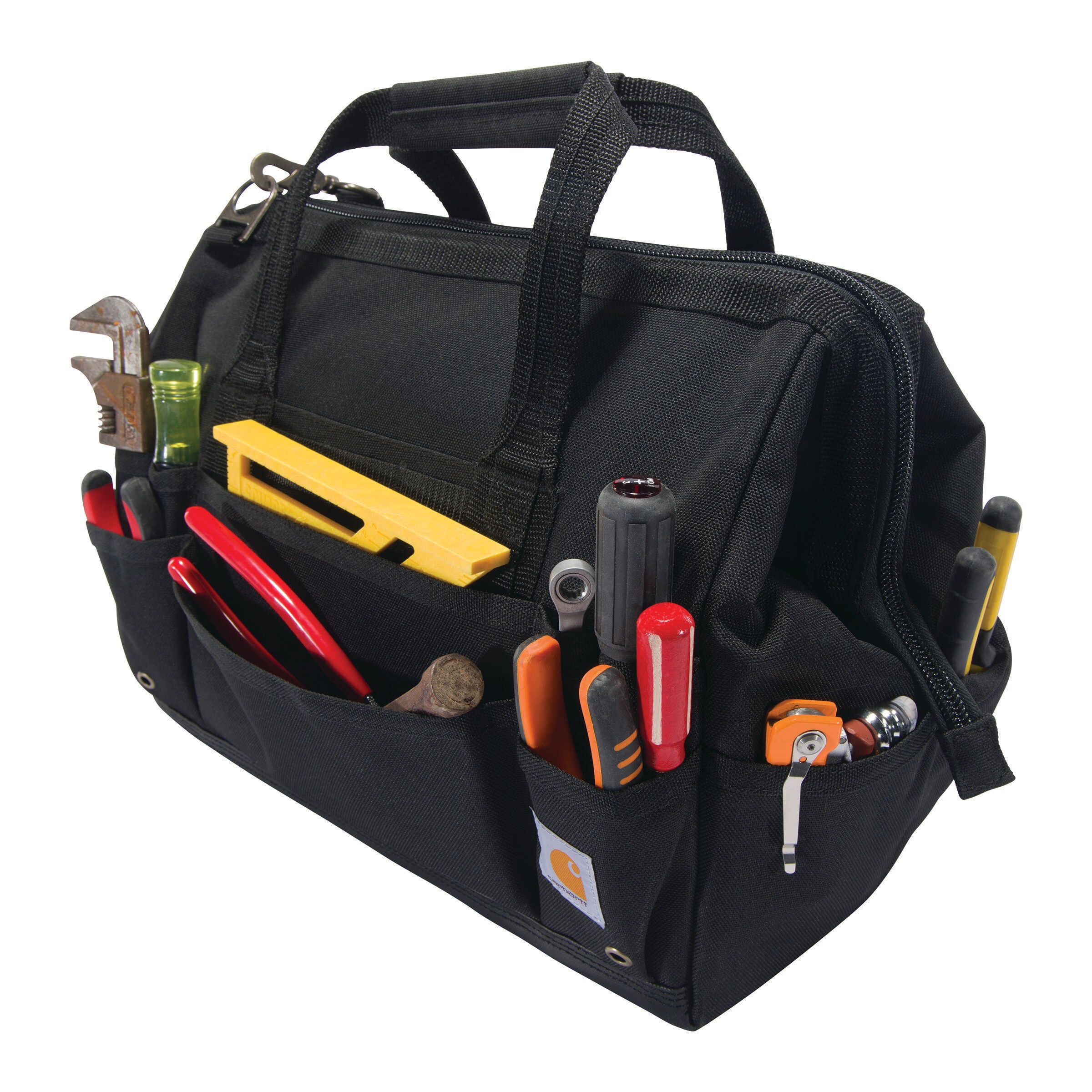 Bolso de herramientas resistente Carhartt de 16 pulgadas con 30 bolsillos, poliéster negro, 13 pulgadas de ancho x 11 pulgadas de profundidad x 16.4 pulgadas de largo. Bolsa de herramientas con cierre.
