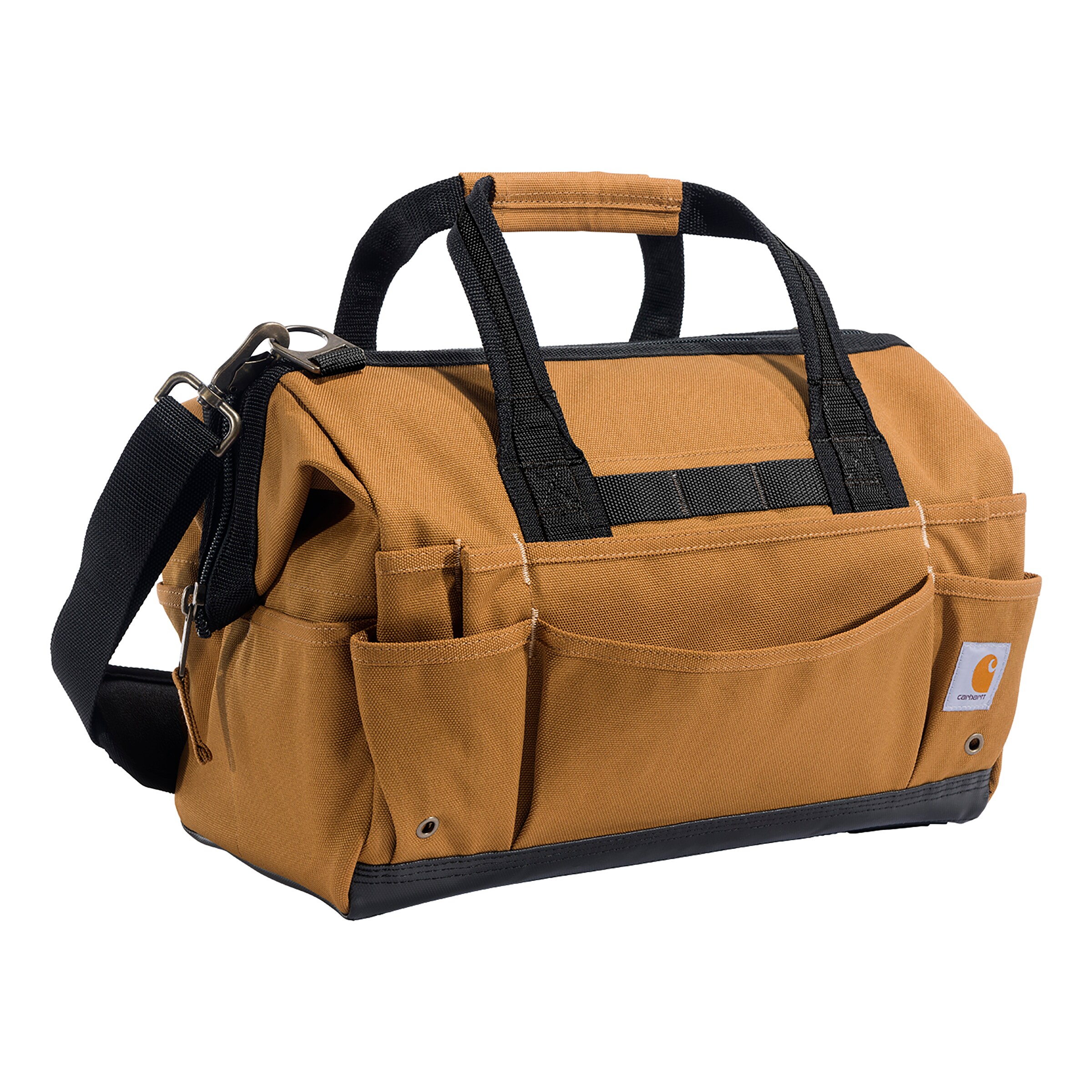 Bolso porta herramientas resistente de Carhartt 16 pulgadas con 30 bolsillos, color café, de poliéster, 12 pulgadas de ancho x 9.5 pulgadas de profundidad x 16 pulgadas de largo, con cierre.