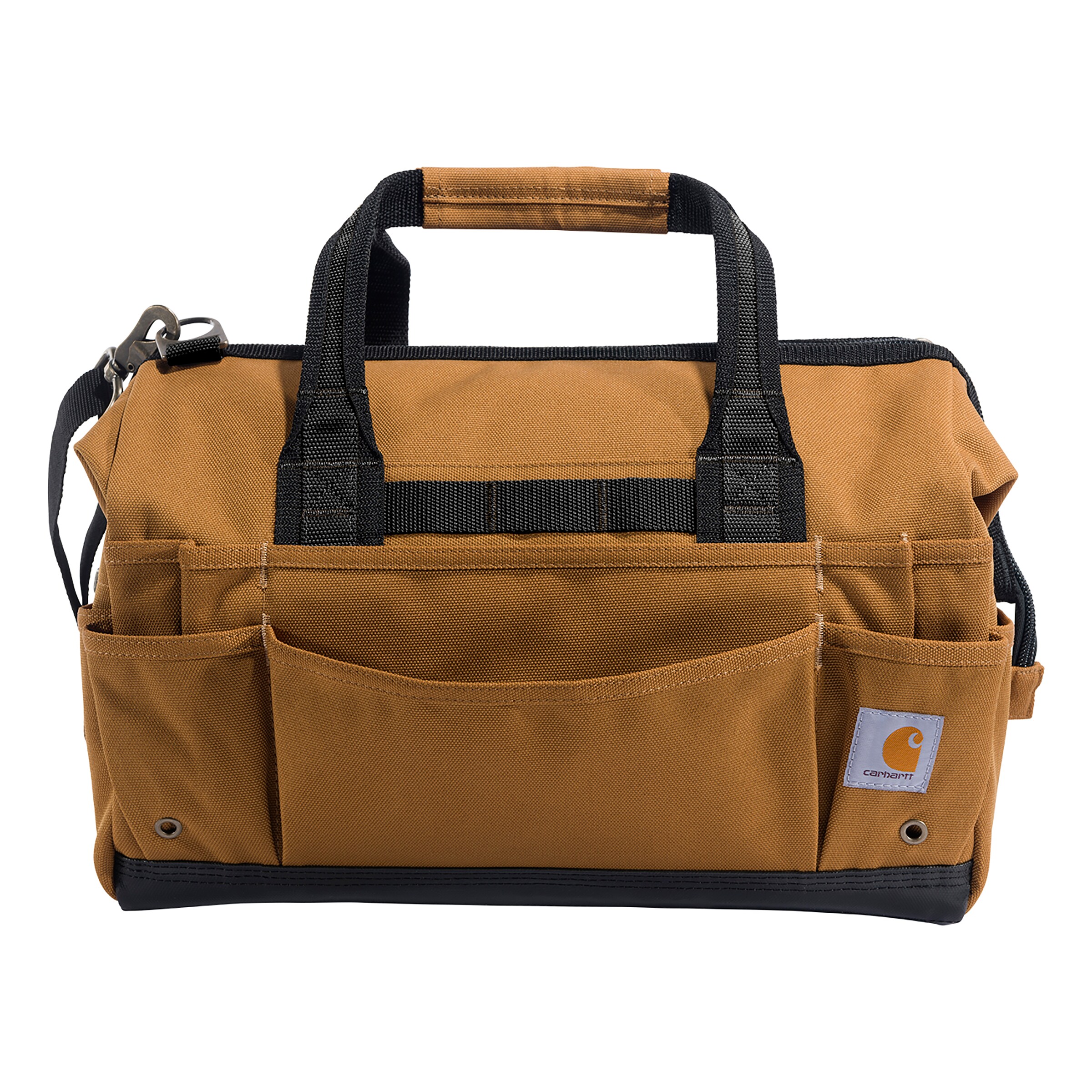 Bolso porta herramientas resistente de Carhartt 16 pulgadas con 30 bolsillos, color café, de poliéster, 12 pulgadas de ancho x 9.5 pulgadas de profundidad x 16 pulgadas de largo, con cierre.