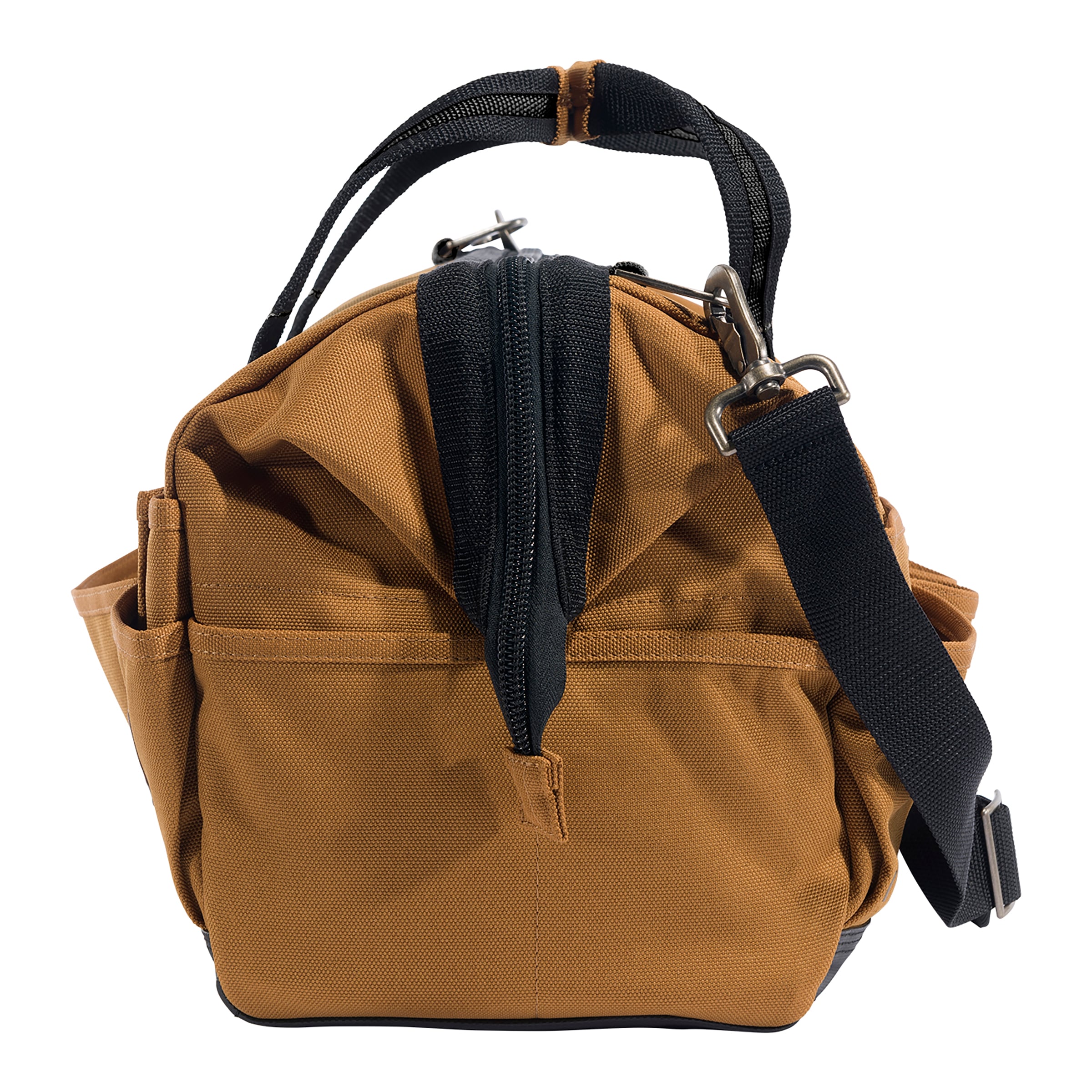 Bolso porta herramientas resistente de Carhartt 16 pulgadas con 30 bolsillos, color café, de poliéster, 12 pulgadas de ancho x 9.5 pulgadas de profundidad x 16 pulgadas de largo, con cierre.