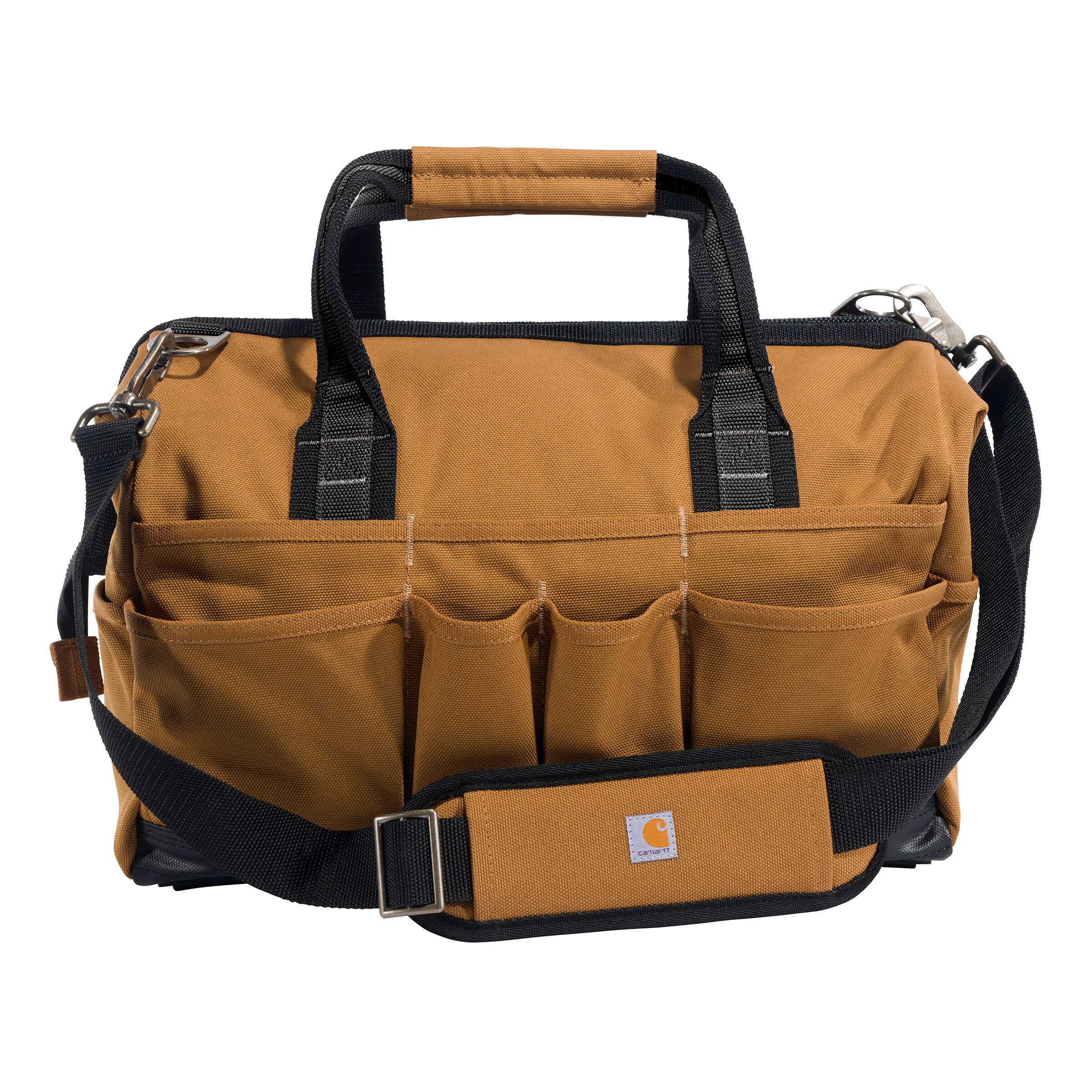 Bolso porta herramientas resistente de Carhartt 16 pulgadas con 30 bolsillos, color café, de poliéster, 12 pulgadas de ancho x 9.5 pulgadas de profundidad x 16 pulgadas de largo, con cierre.