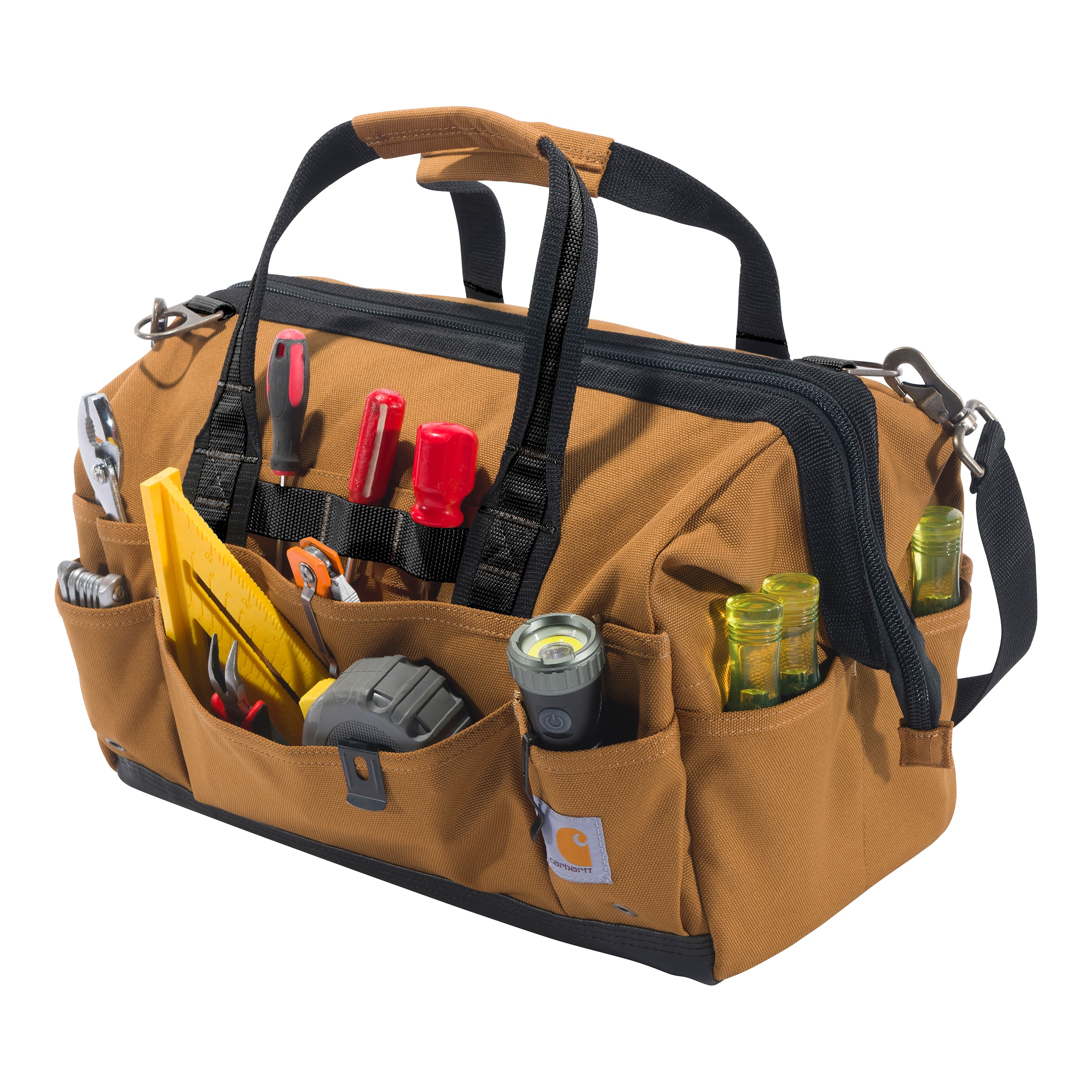 Bolso porta herramientas resistente de Carhartt 16 pulgadas con 30 bolsillos, color café, de poliéster, 12 pulgadas de ancho x 9.5 pulgadas de profundidad x 16 pulgadas de largo, con cierre.