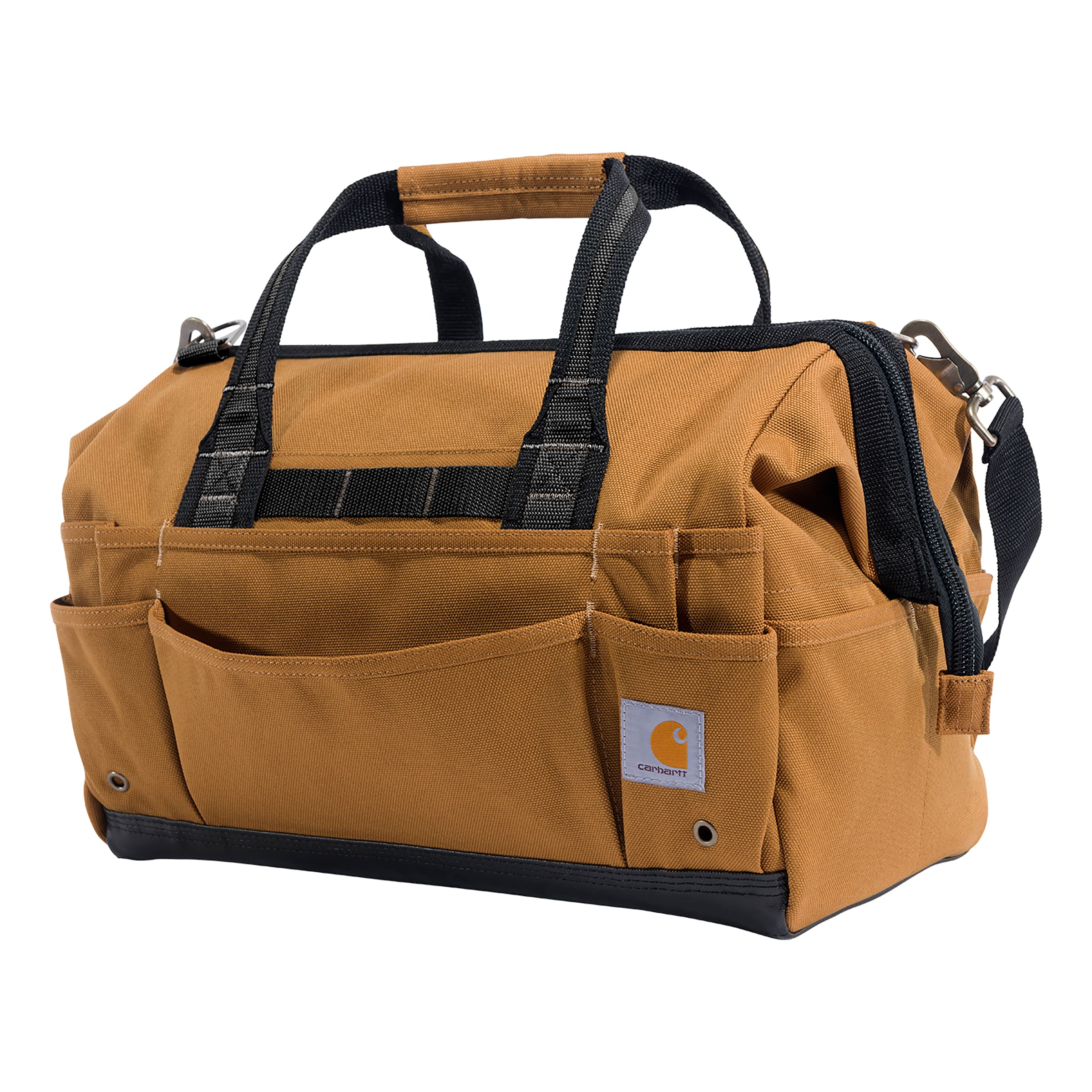 Bolso porta herramientas resistente de Carhartt 16 pulgadas con 30 bolsillos, color café, de poliéster, 12 pulgadas de ancho x 9.5 pulgadas de profundidad x 16 pulgadas de largo, con cierre.