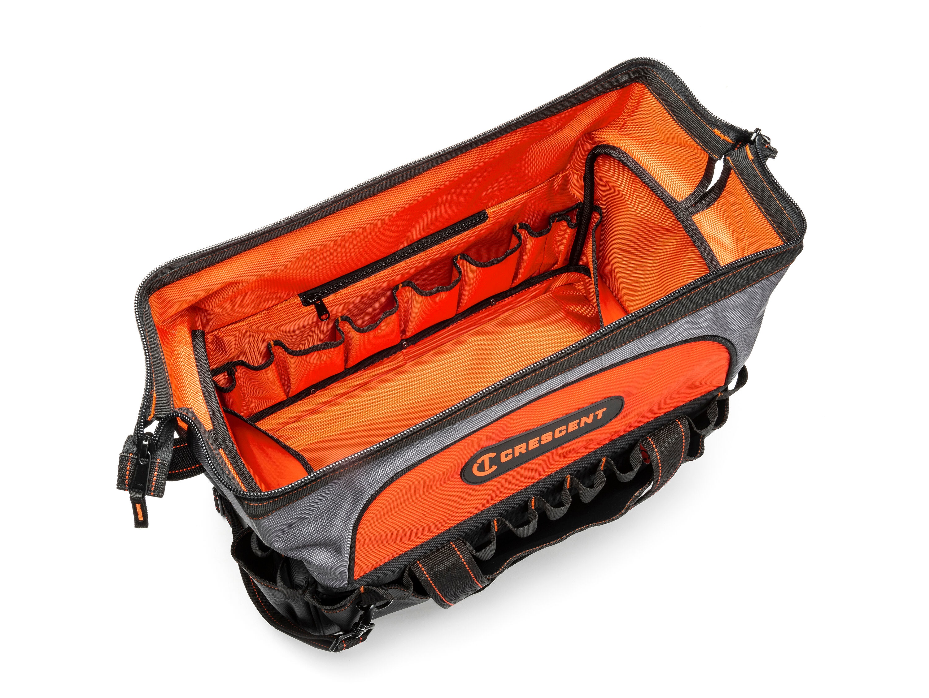 Bolsa de herramientas con cremallera de 20 pulgadas de ancho x 17 pulgadas de profundidad x 12.2 pulgadas de largo, de poliéster negro y piel cruda de naranja de Crescent