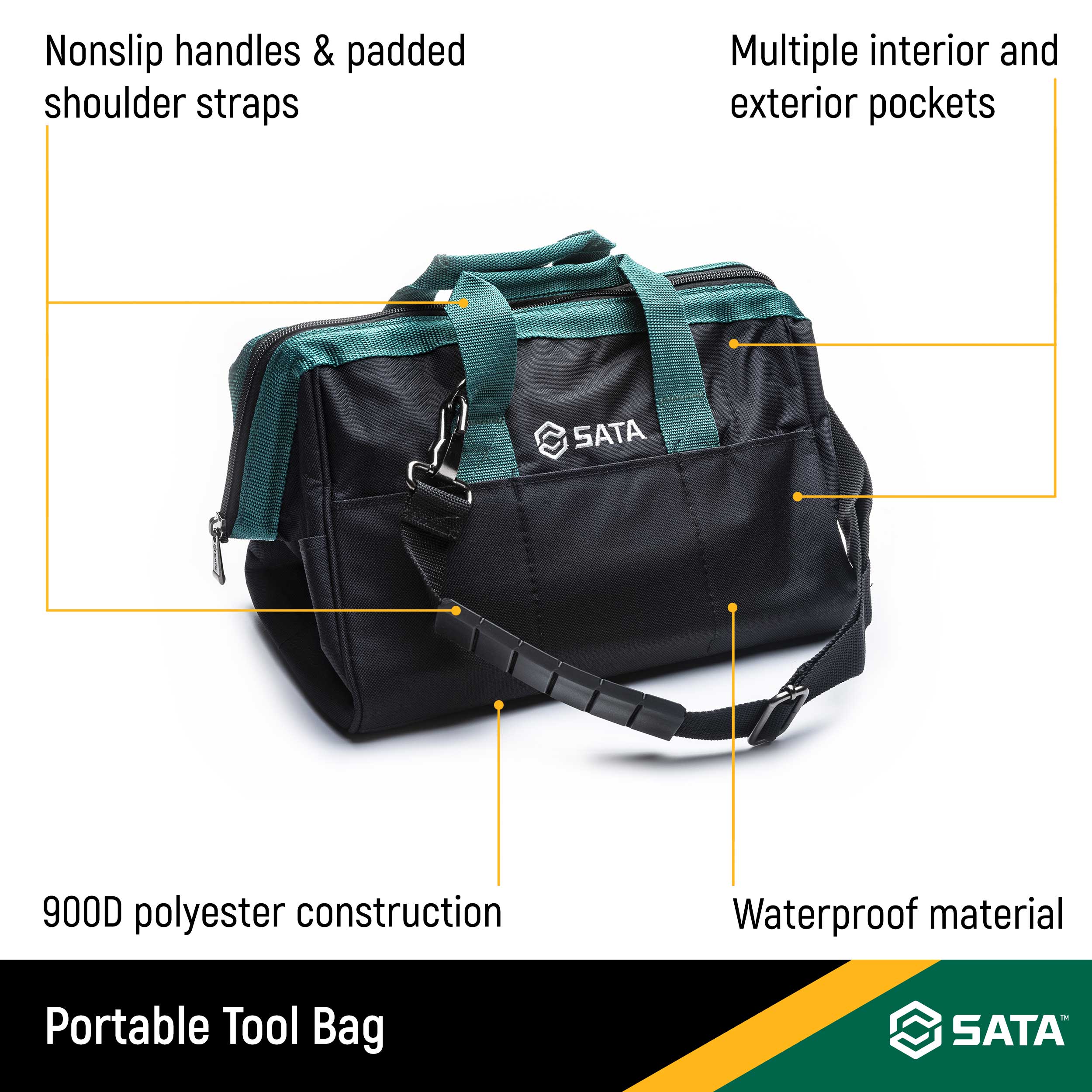 Bolso para herramientas con cierre SATA de poliéster verde y negro de 9 pulgadas de ancho x 11 pulgadas de profundidad x 15 pulgadas de largo ST95181