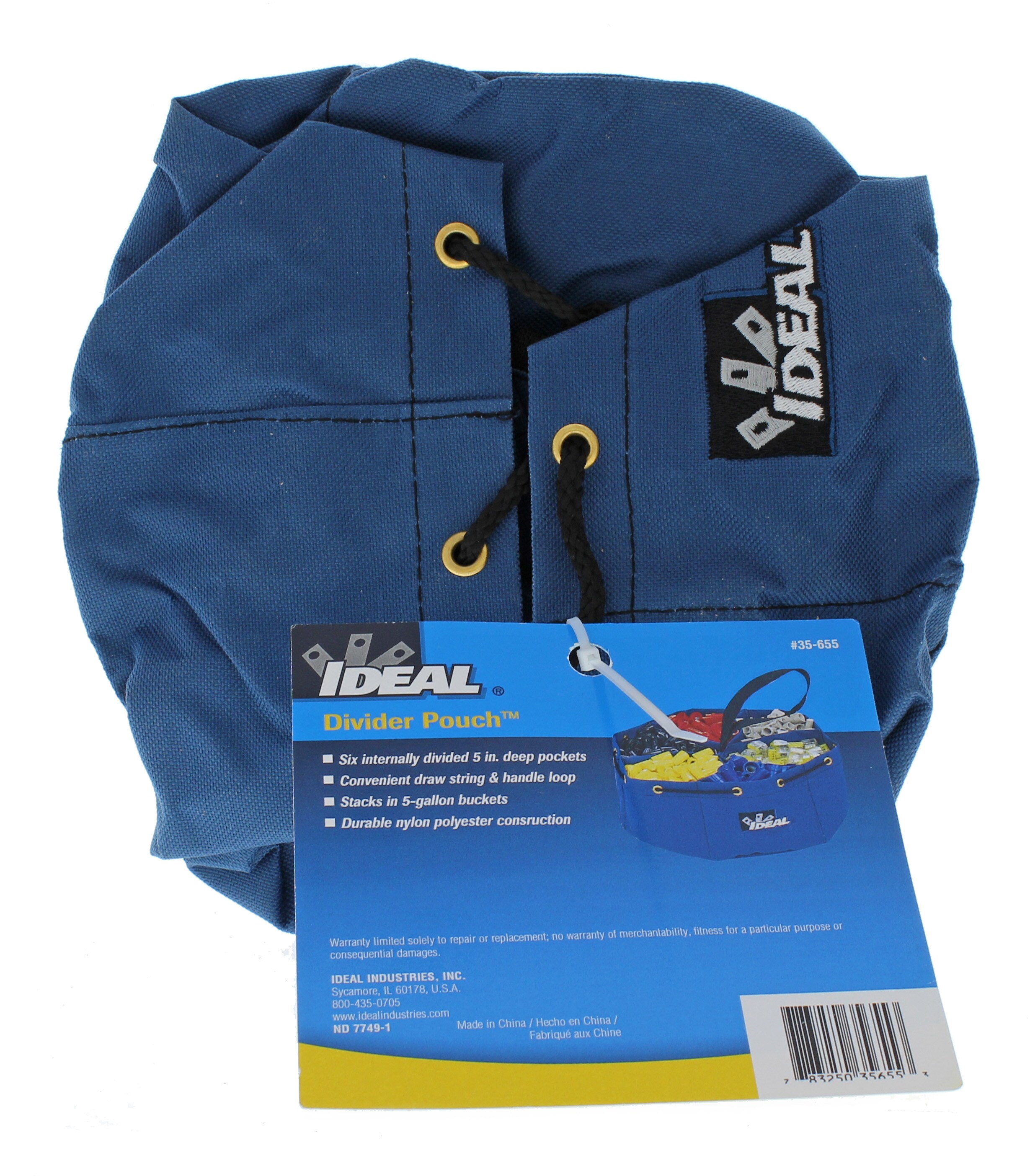 Bolsa de herramientas para accesorios con cordón de poliéster azul IDEAL de 9.5 pulgadas de ancho x 3.5 pulgadas de fondo x 9.5 pulgadas de largo 35-655