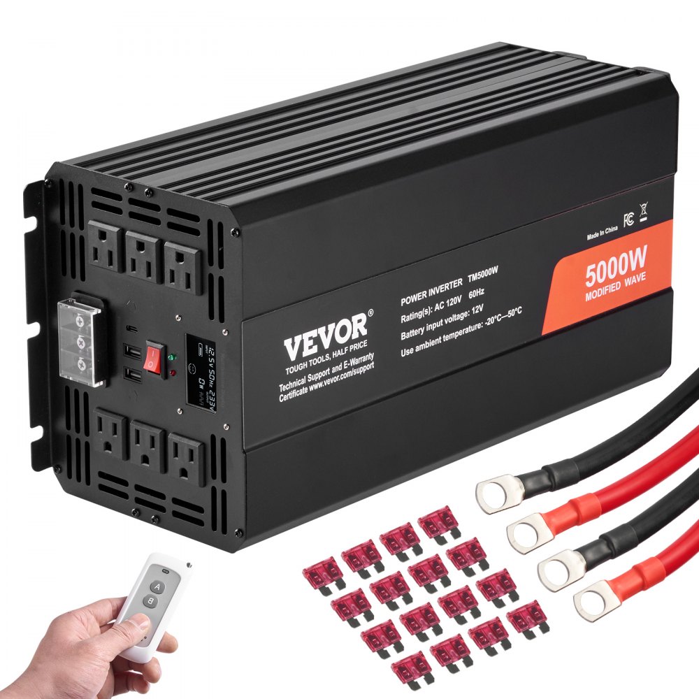 VEVOR Modified Sine Wave Inverter, 5000W, DC 12V to AC 120V Power Inverter with 6 AC Outlets 2 USB Port 1 Type-C Port, LCD Display and Remote Controller for High Load Home Appliances, CE FCC Certified - XZXNBQ5000WXZA35WV1