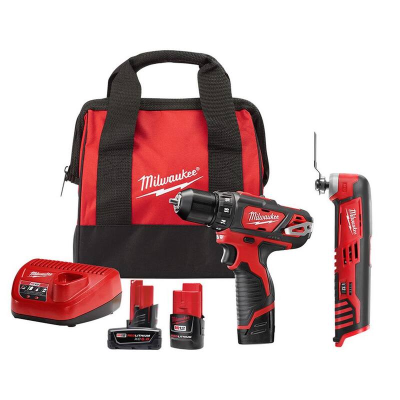 Juego de taladro/destornillador inalámbrico de 3/8 pulgadas Milwaukee M12 12V de iones de litio con multiherramienta oscilante M12 y paquete de batería XC de 6.0 Ah - 2407-22-2426-20-48-11-2460.