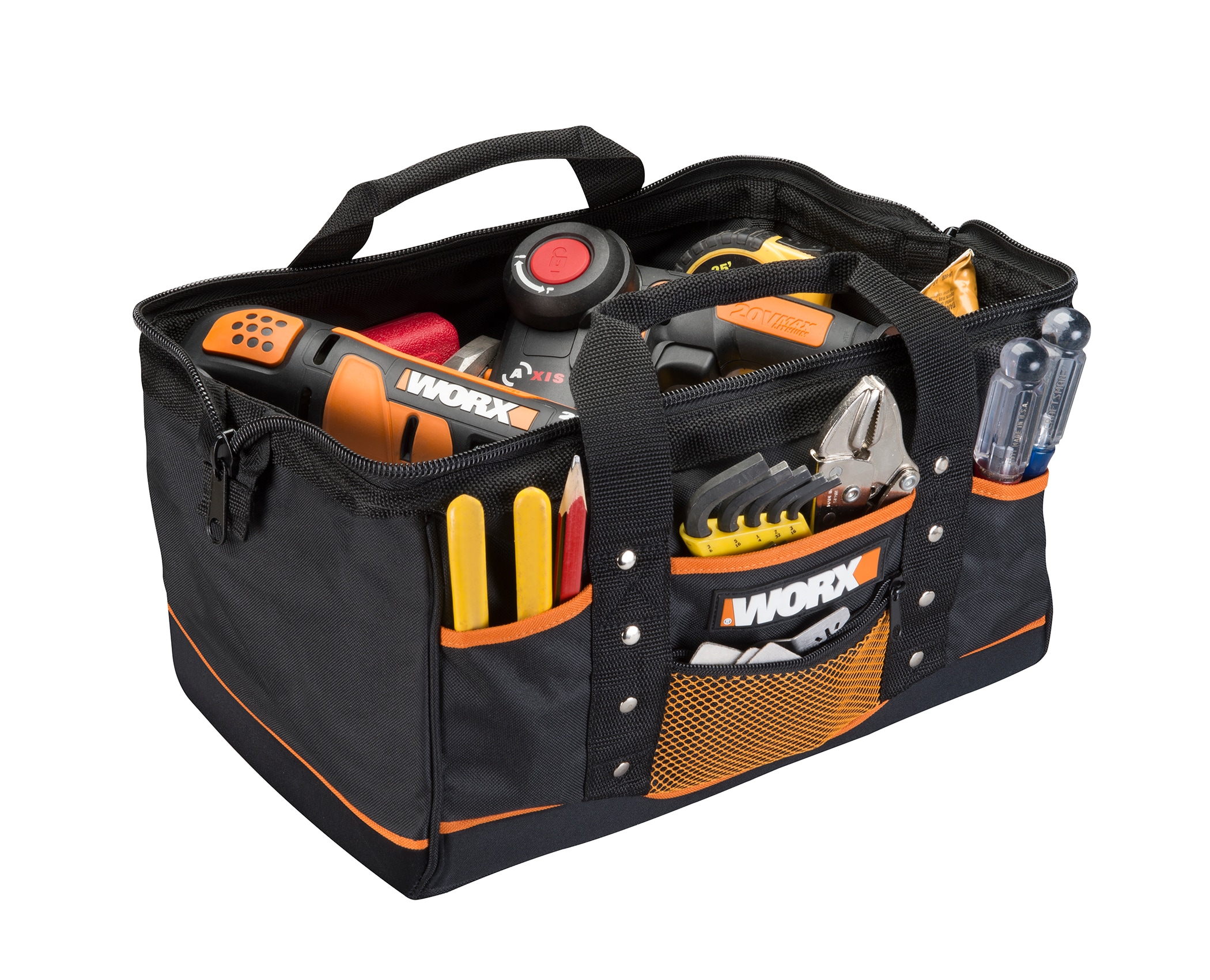 Bolso de herramientas con cierre negro de nylon WORX de 8.75 pulgadas de ancho x 9 pulgadas de profundidad x 14.6 pulgadas de largo WA0076