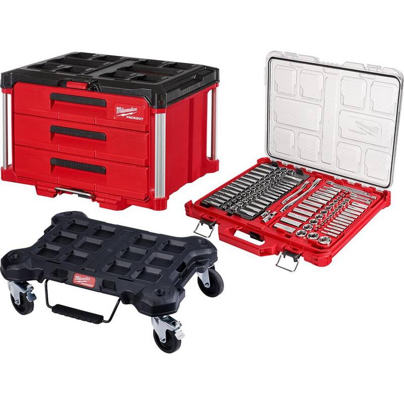 Juego de herramientas mecánicas Milwaukee de 3/8 y 1/4 pulgadas SAE/métrico (106 piezas) con kit de cajón PACKOUT - 48-22-9486-48-22-8443-48-22-8410.
