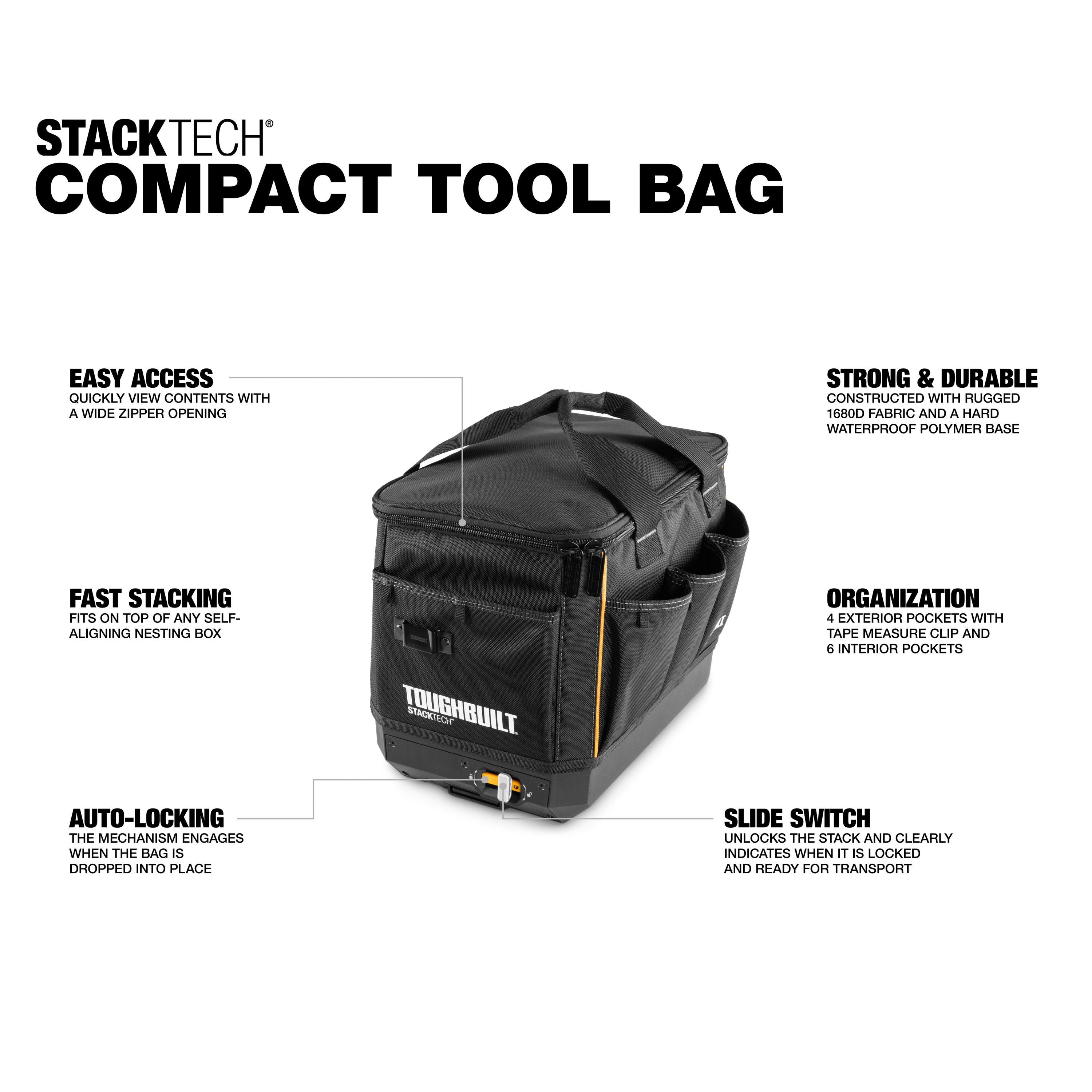 Bolso para herramientas TOUGHBUILT STACKTECH de poliéster negro de 11 pulgadas de ancho x 13 pulgadas de profundidad x 17 pulgadas de largo con cremallera TB-B1-S-60C