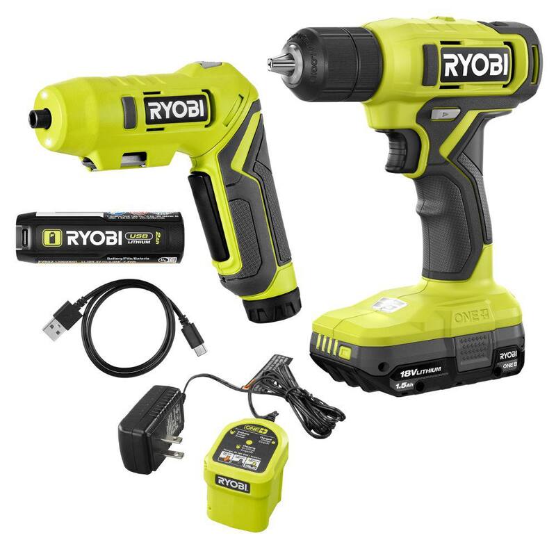 Juego de taladro/destornillador inalámbrico RYOBI ONE+ de 18V con batería de 1.5 Ah, cargador y juego de destornilladores de litio USB - PCL201K1-FVD50K.