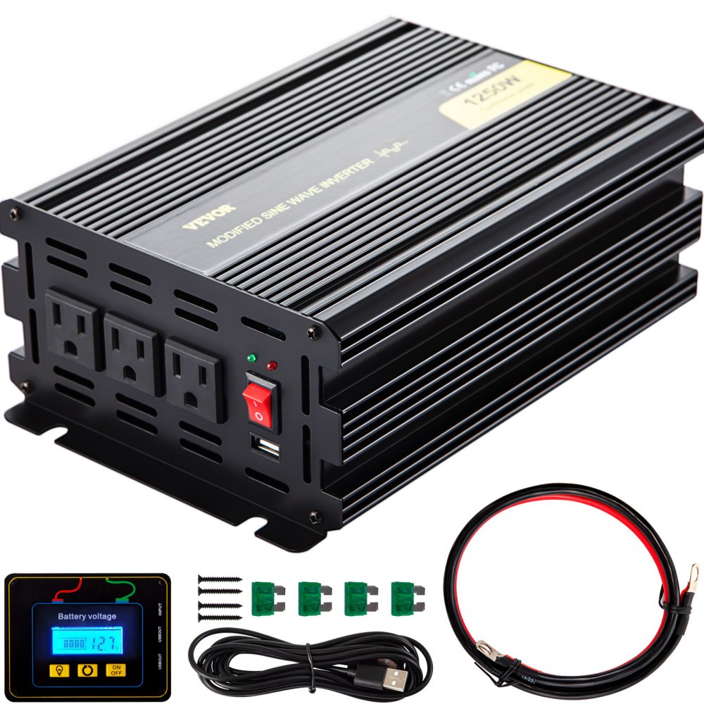 VEVOR Power Inverter, 1250W Modified Sine Wave Inverter, DC 12V to AC 120V Car Converter, with LCD Remote Controller, LED Indicator, AC Outlets Inverter for Truck RV Car Boat Travel Camping Emergency - ZX1250-12-120E0OCV9