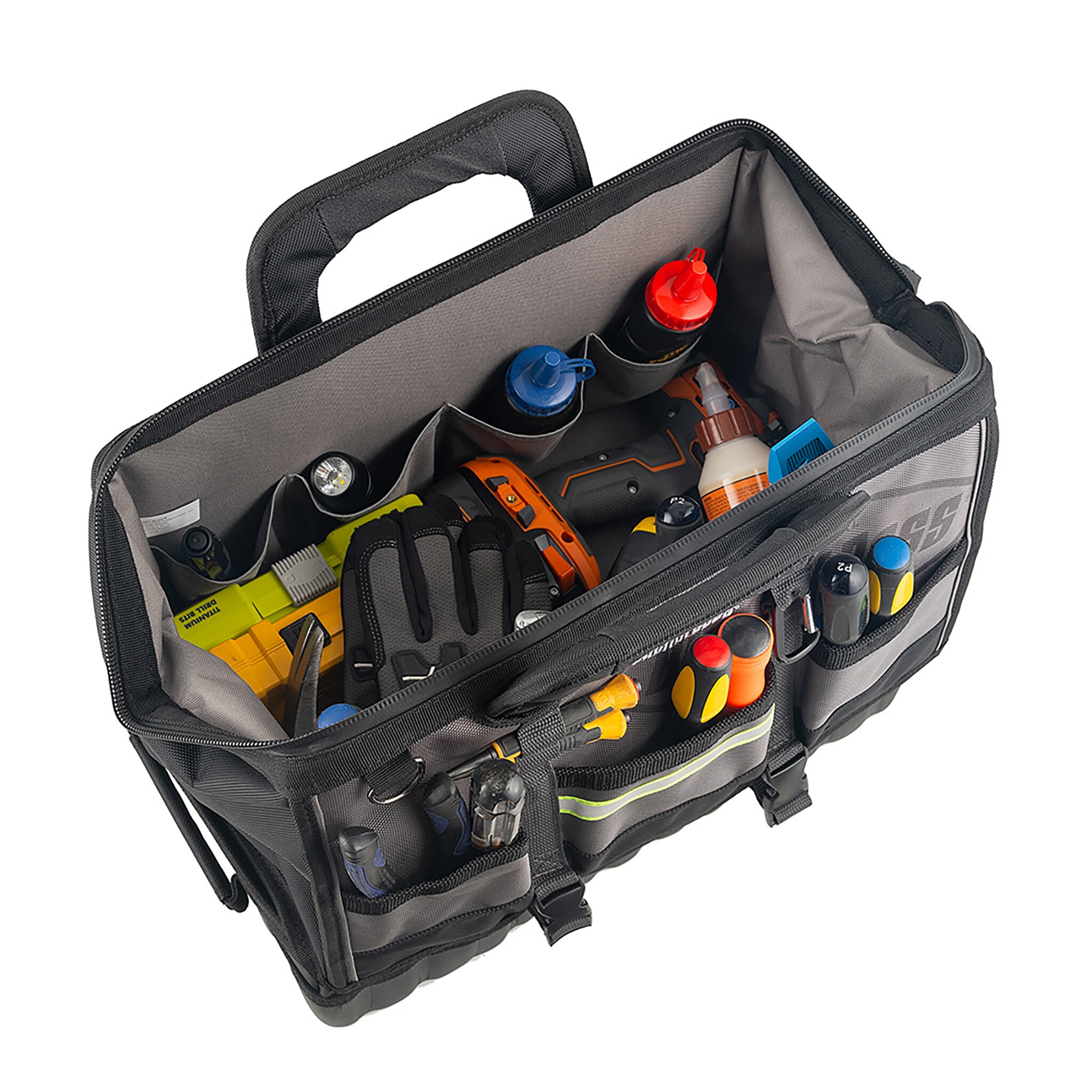 Bolsa de herramientas con cremallera de 18 pulgadas de ancho, 11 pulgadas de profundidad y 14 pulgadas de largo, gris y negro con base desplegable Bucket Boss 68118-HV