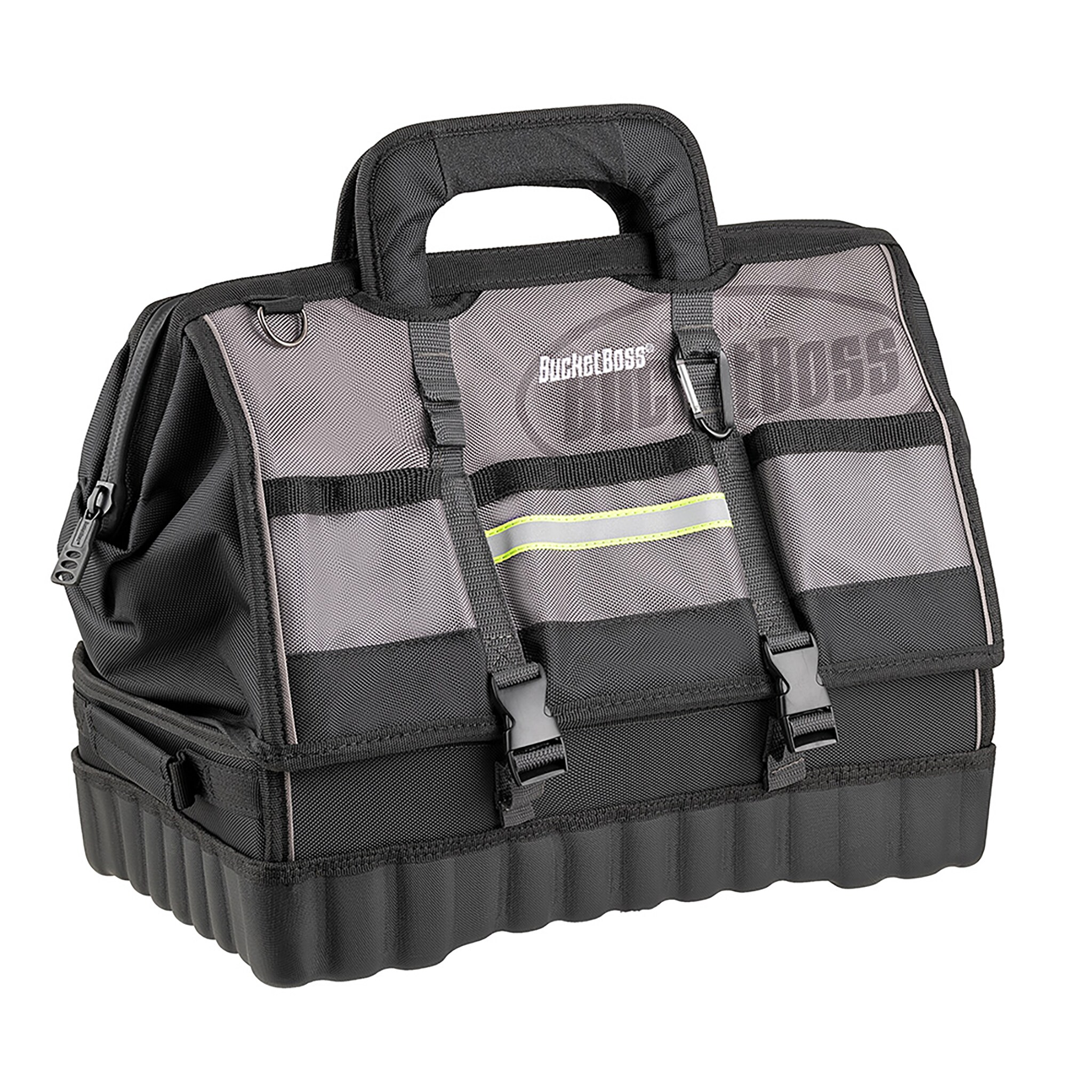 Bolsa de herramientas con cremallera de 18 pulgadas de ancho, 11 pulgadas de profundidad y 14 pulgadas de largo, gris y negro con base desplegable Bucket Boss 68118-HV
