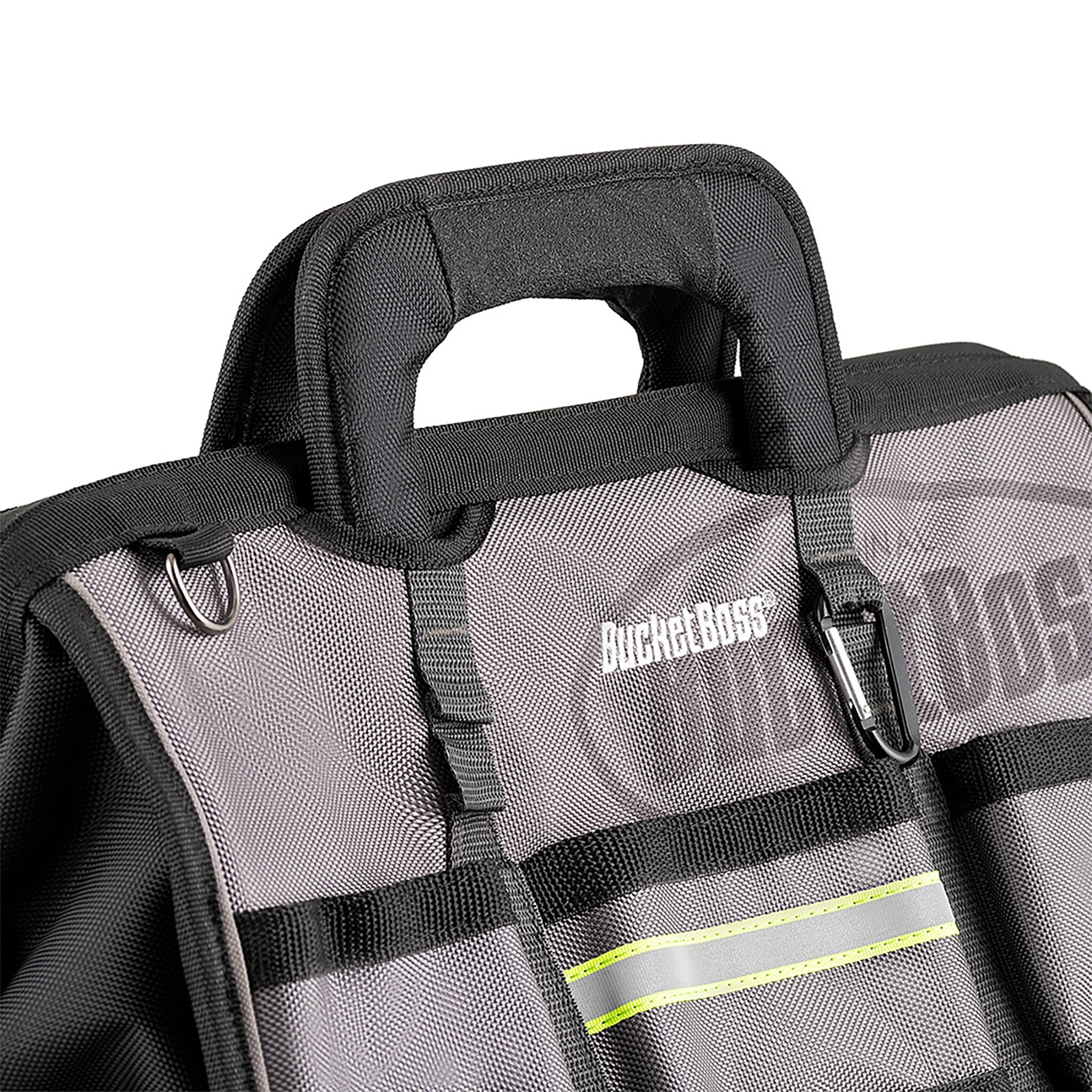 Bolsa de herramientas con cremallera de 18 pulgadas de ancho, 11 pulgadas de profundidad y 14 pulgadas de largo, gris y negro con base desplegable Bucket Boss 68118-HV