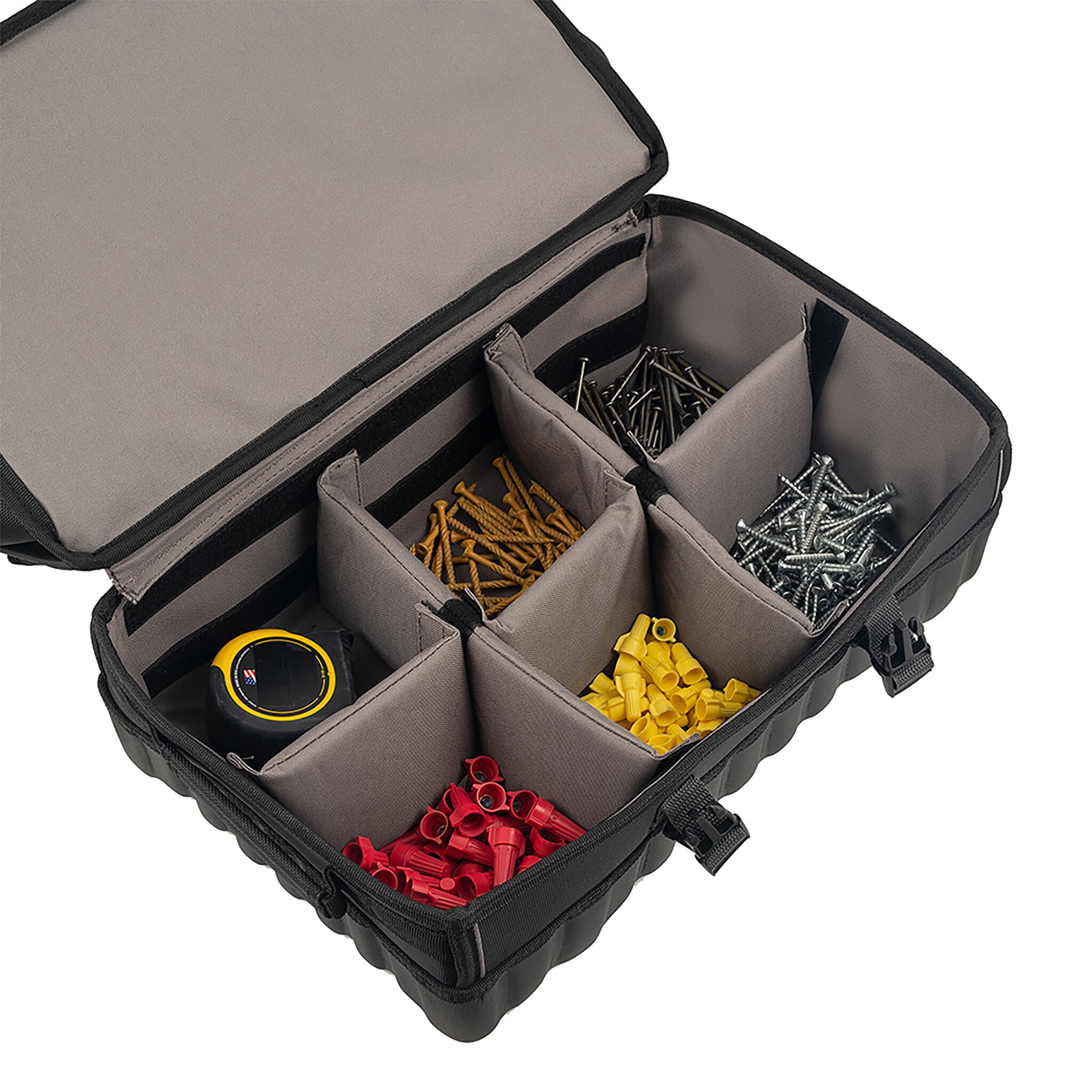 Bolsa de herramientas con cremallera de 18 pulgadas de ancho, 11 pulgadas de profundidad y 14 pulgadas de largo, gris y negro con base desplegable Bucket Boss 68118-HV