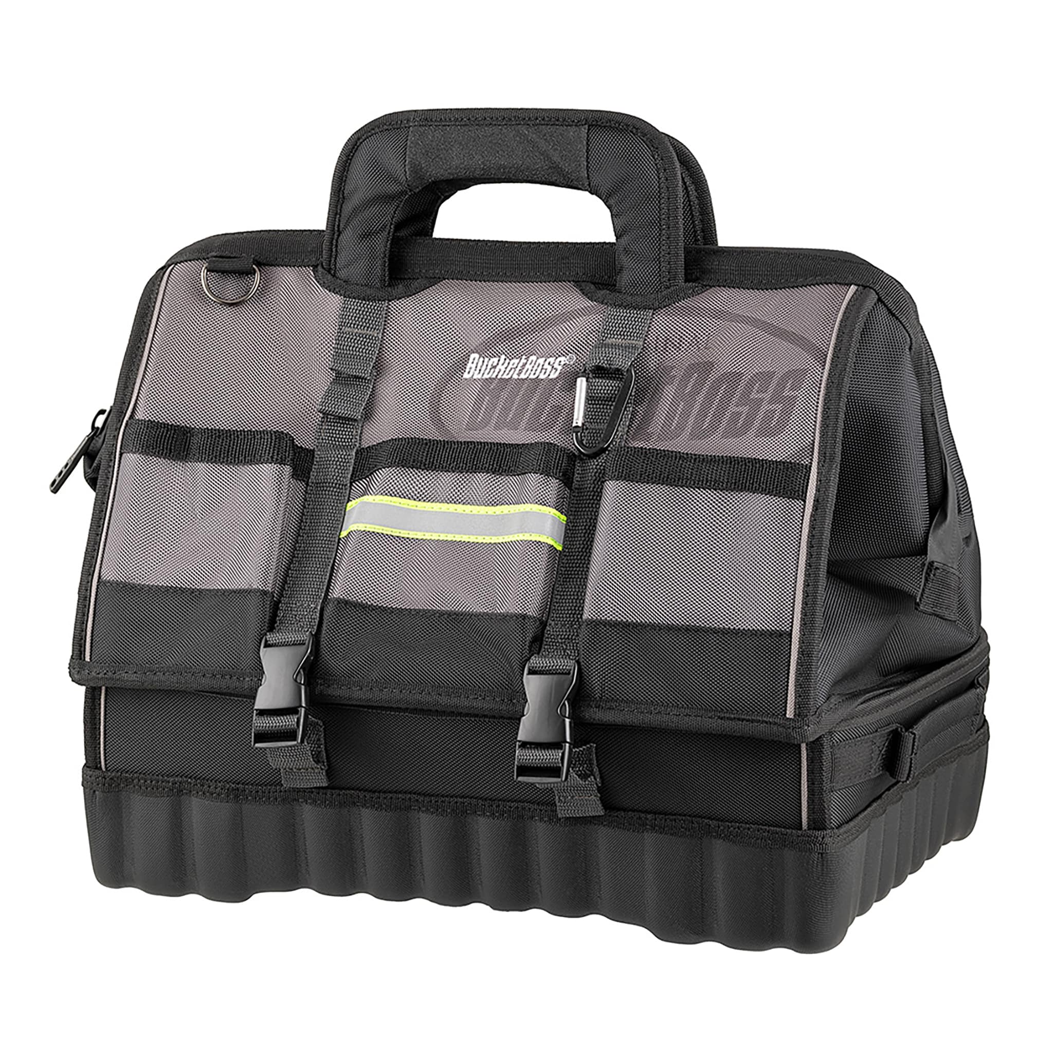 Bolsa de herramientas con cremallera de 18 pulgadas de ancho, 11 pulgadas de profundidad y 14 pulgadas de largo, gris y negro con base desplegable Bucket Boss 68118-HV