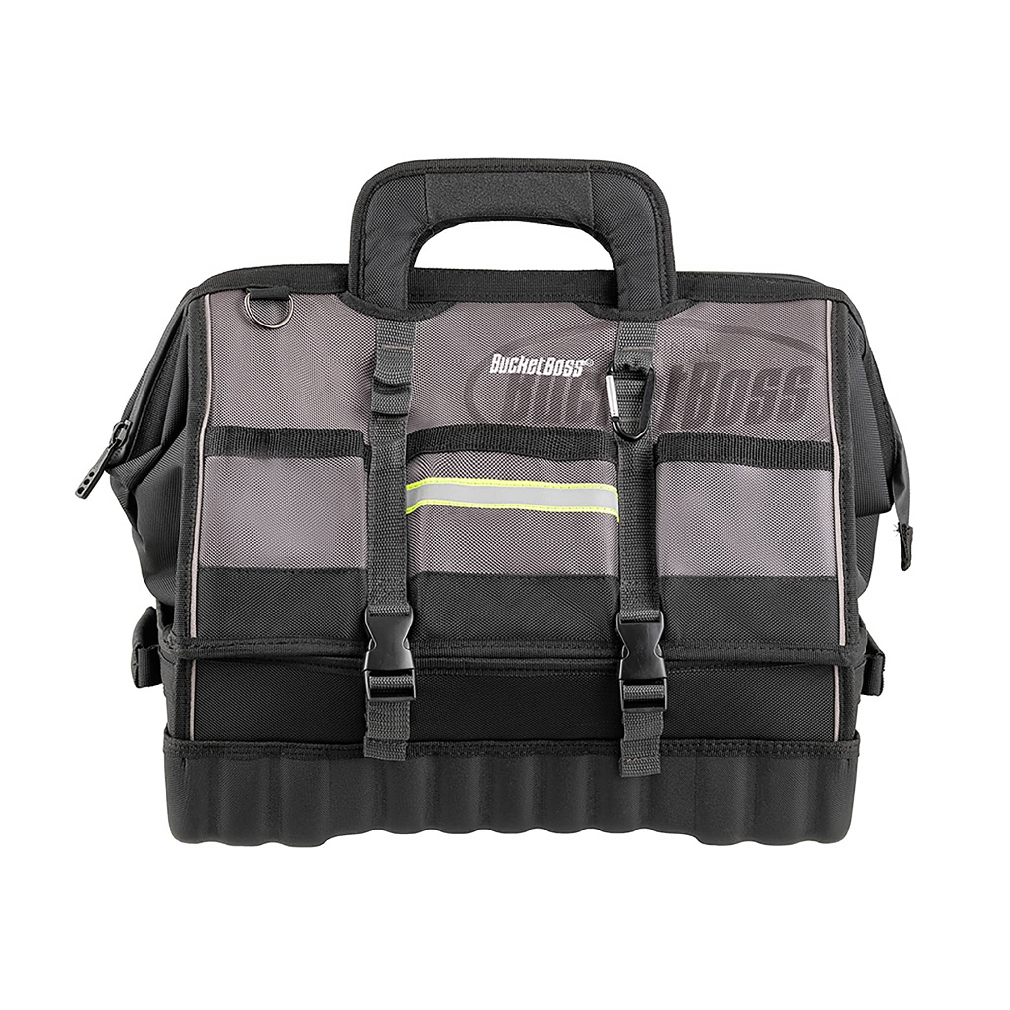 Bolsa de herramientas con cremallera de 18 pulgadas de ancho, 11 pulgadas de profundidad y 14 pulgadas de largo, gris y negro con base desplegable Bucket Boss 68118-HV